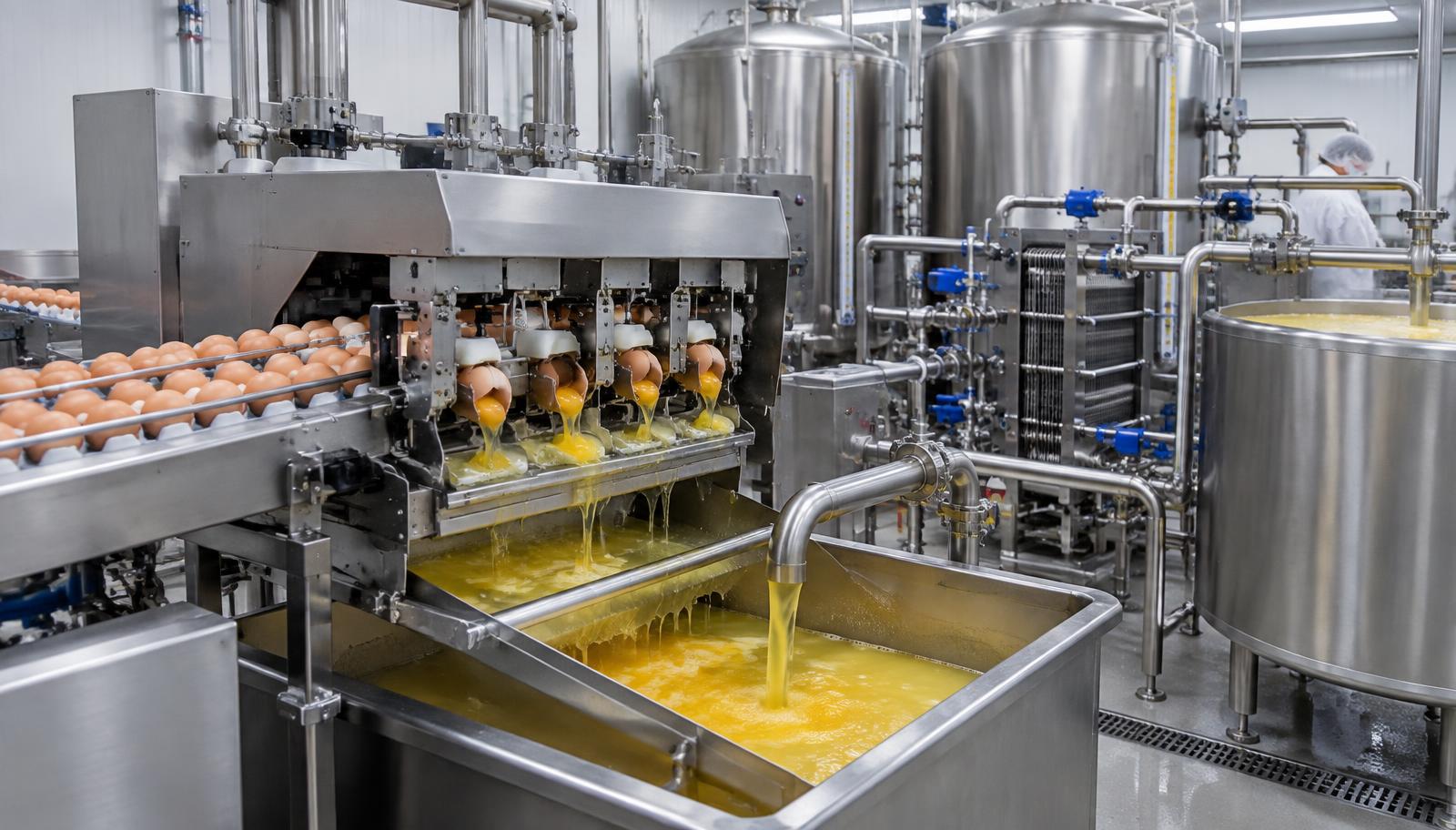 Industrial egg breaking machine feeding liquid egg into stainless steel pasteurization and storage tanks