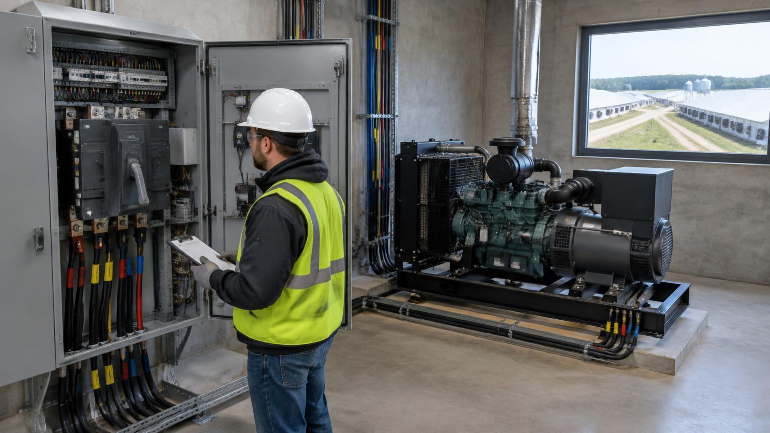 Electrician inspecting an automatic transfer switch next to a generator set, with broiler houses visible outside