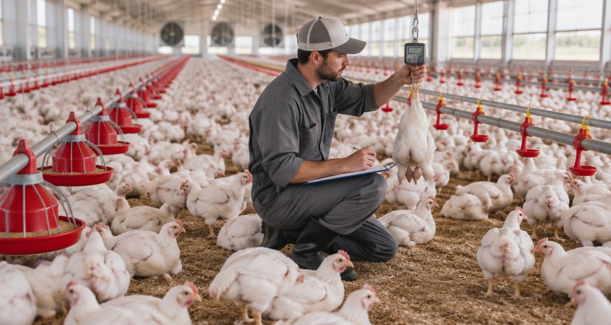Técnico pesando un pollo de engorde con una báscula colgante en una nave con comederos de plato rojos y líneas de bebederos de tetina
