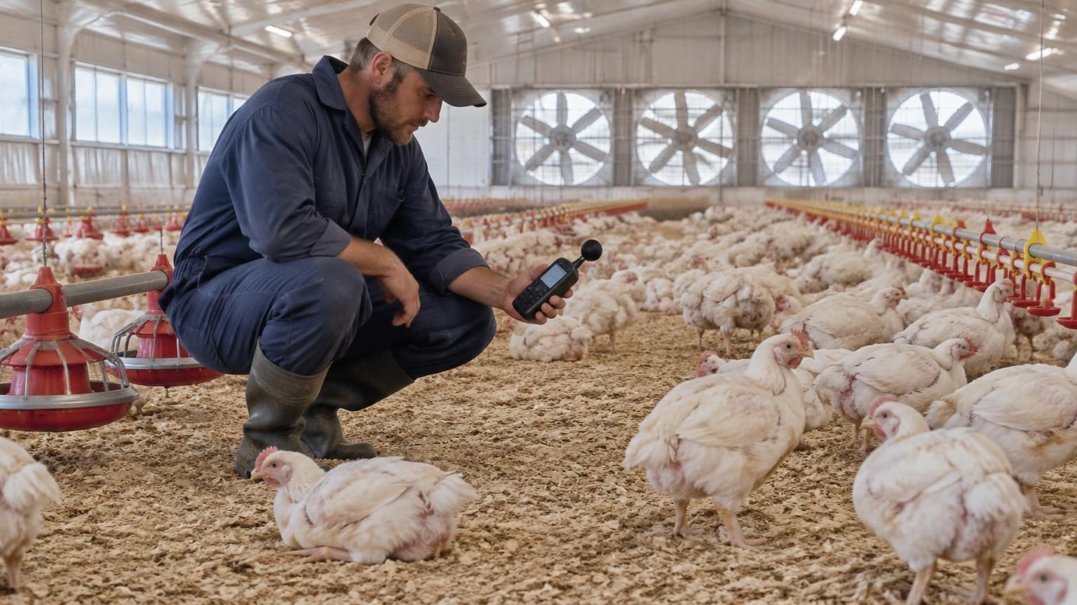 Farm worker crouching on litter in a tunnel-ventilated broiler house, checking a handheld air-quality meter at bird height, with exhaust fans behind