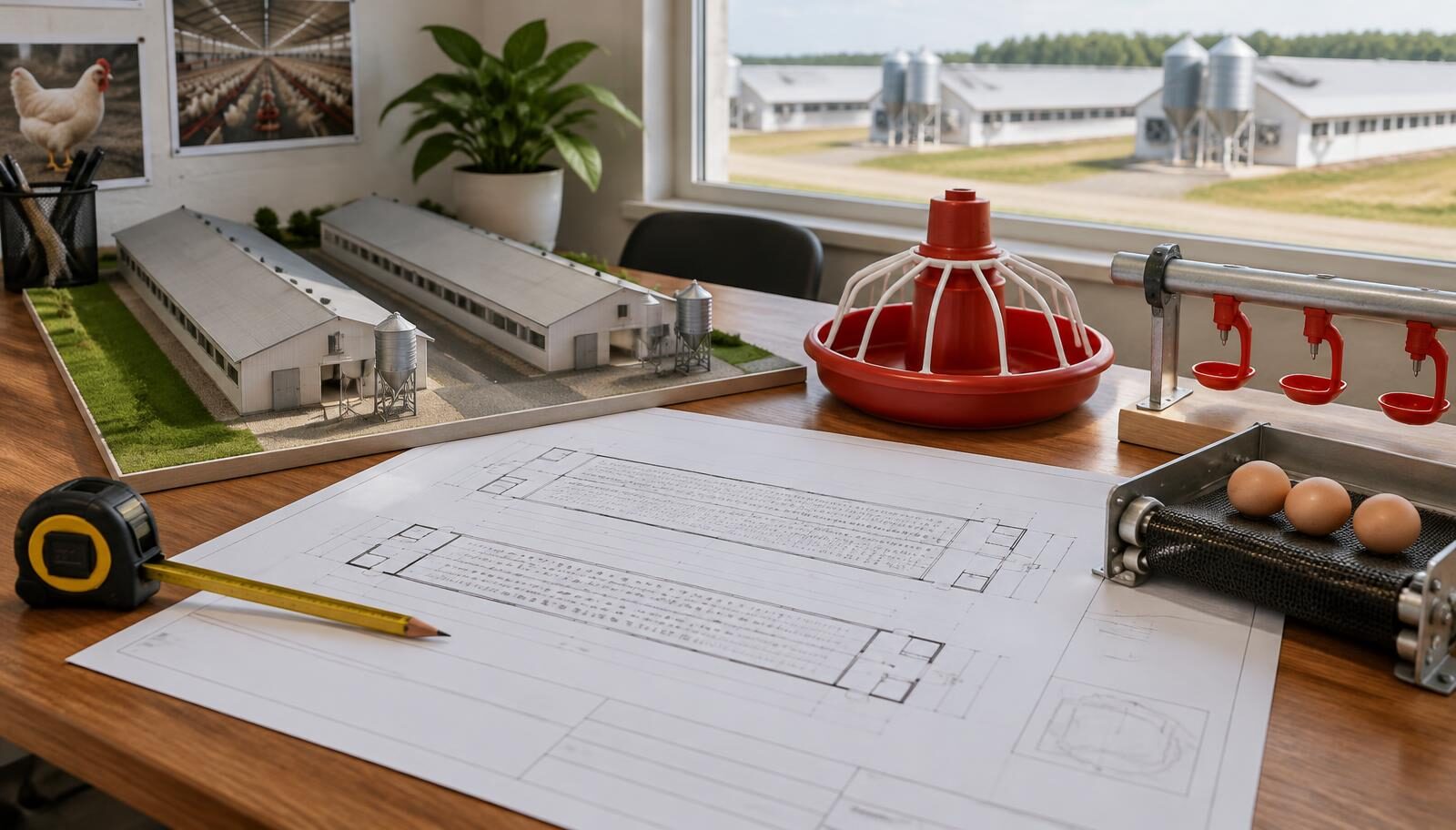 Planning desk with poultry house floor plans, a scale model of two houses with feed silos, a feeder pan, nipple drinker section and an egg-collection belt sample, with poultry houses visible outside