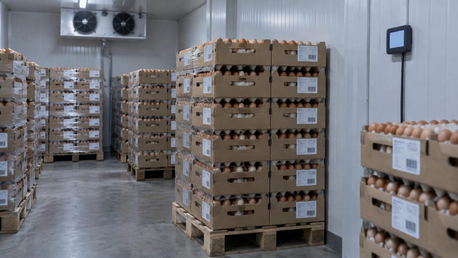 Pallets of cased eggs in a cool storage room, each case carrying a printed lot label, with a wall-mounted temperature logger