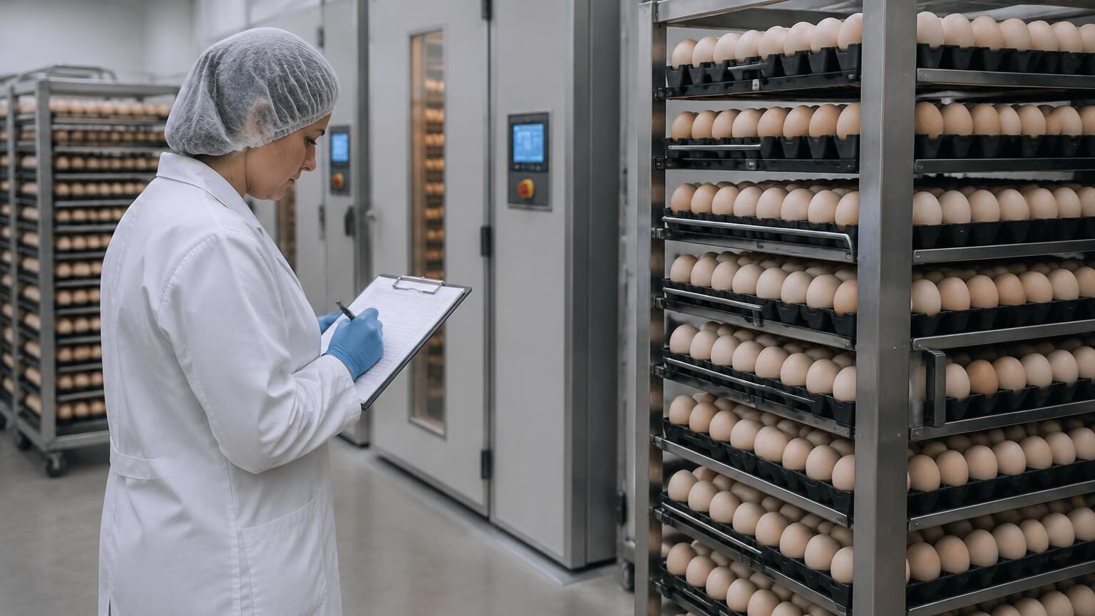 Hatchery technician in a clean setter room recording egg-set data on a clipboard beside trolleys of hatching-egg trays