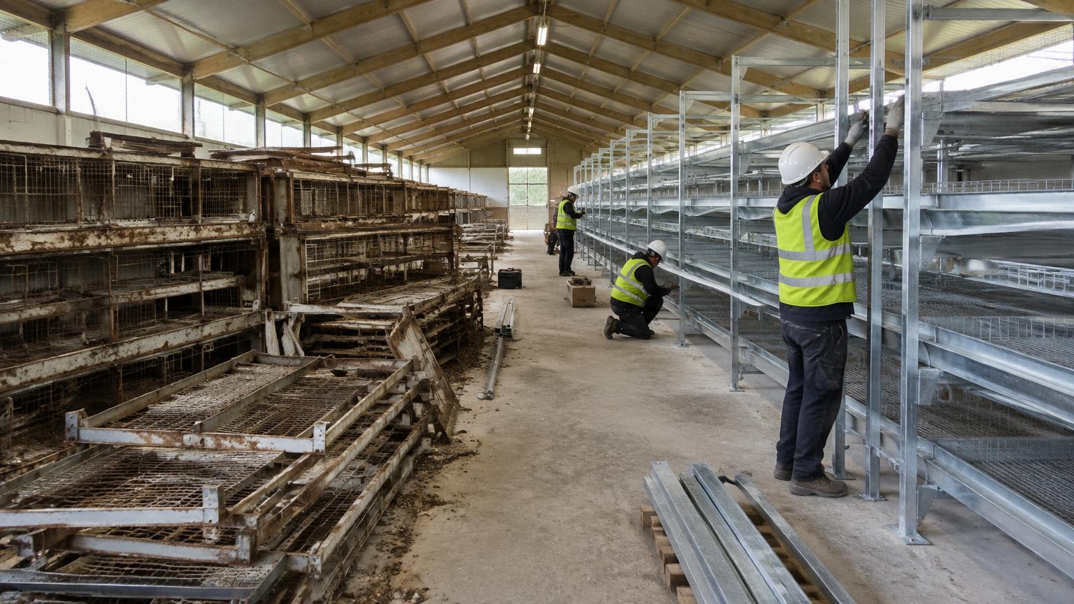 Installers fitting new aviary frames in an empty layer house while old cage frames are dismantled