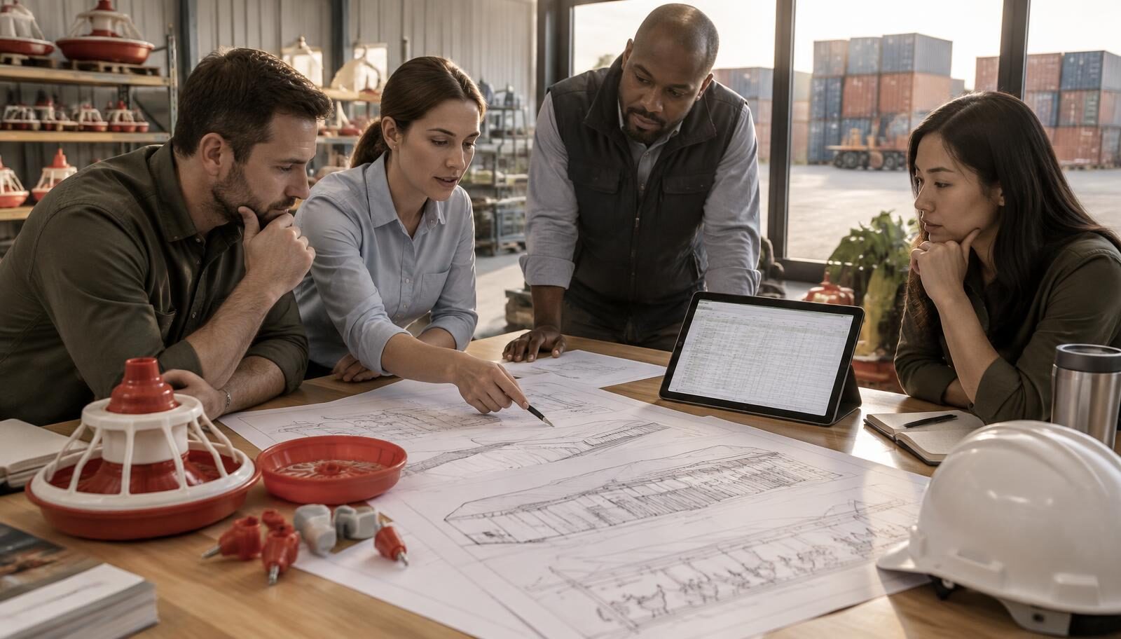 Procurement team around a table with poultry house drawings, a tablet comparison grid, feeder and drinker samples and a hard hat, with a container yard outside the window