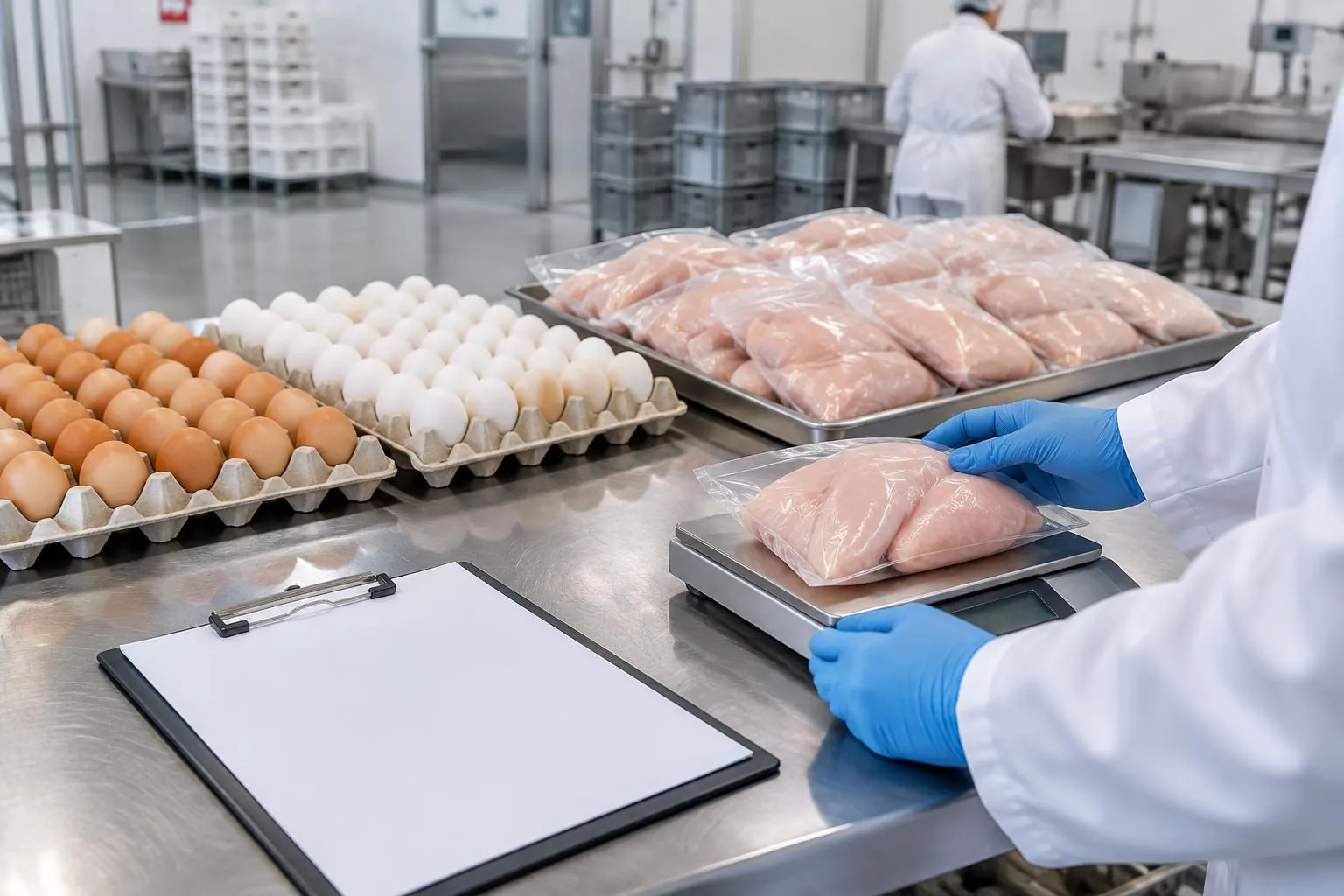 Inspetor com luvas pesando porções de frango embaladas ao lado de bandejas separadas de ovos brancos e vermelhos