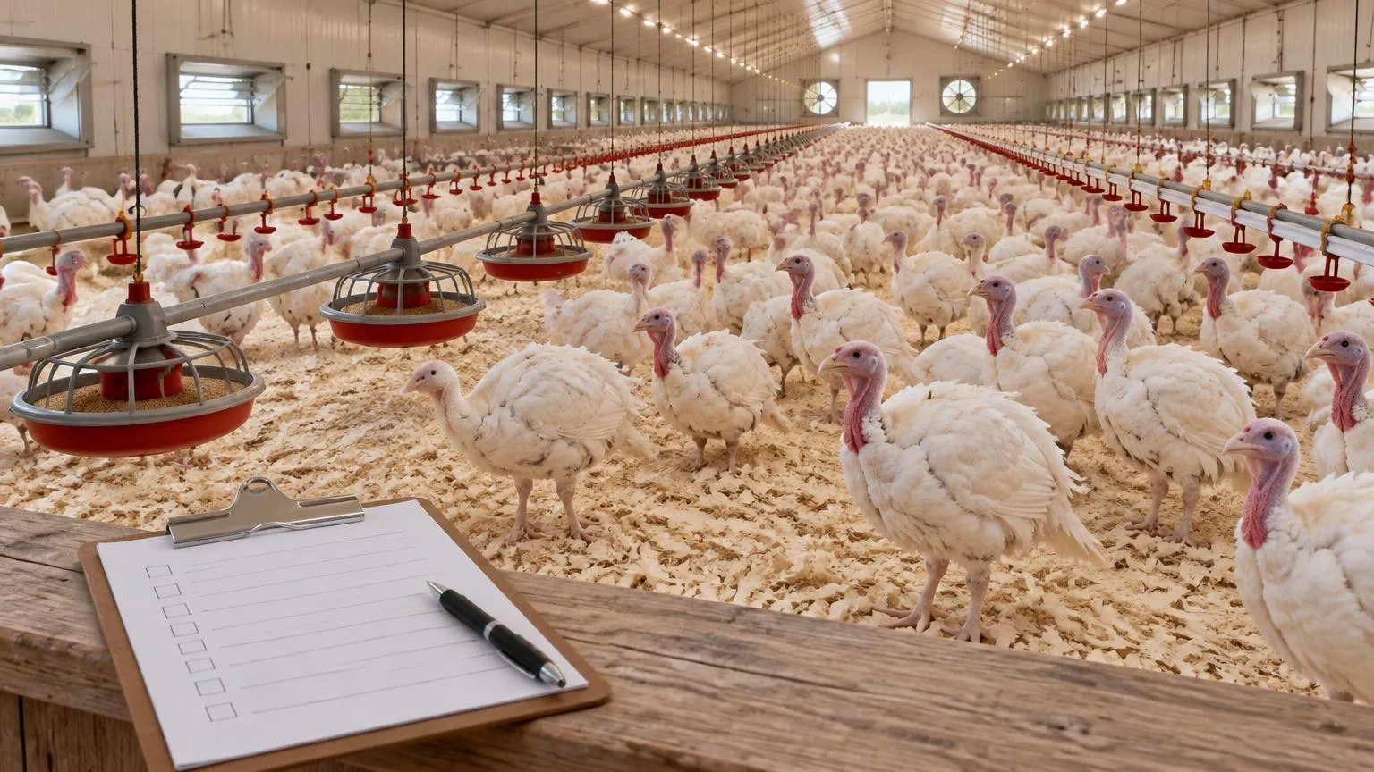 Editorial illustration of a long commercial turkey house with suspended feeding and drinking lines over a litter floor, beside a planning clipboard