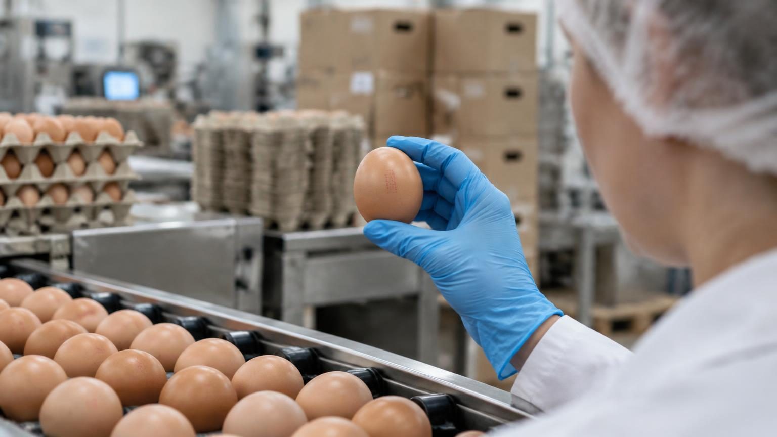 Gloved hand holding a brown egg with a printed producer code above a grading conveyor in an egg packing centre
