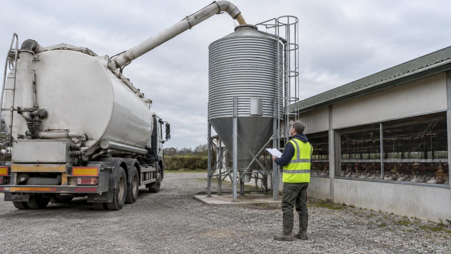 Farm worker in a high-visibility vest holding a delivery note while a bulk feed truck fills a galvanised silo beside a broiler house