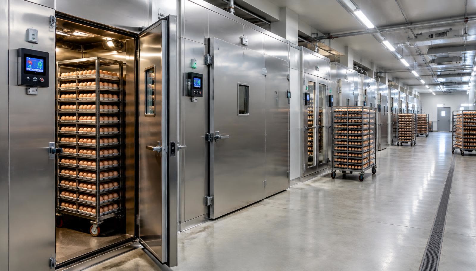Corridor of walk-in commercial incubators with digital controllers and egg trolleys