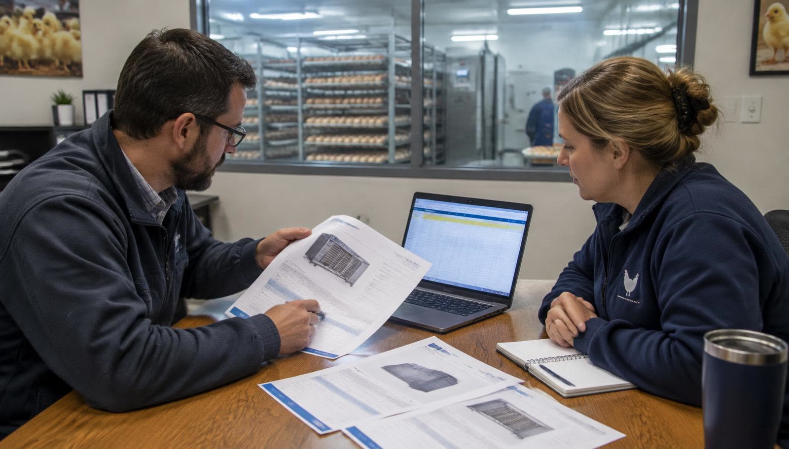 Engineer and hatchery manager reviewing printed equipment quotations and a spreadsheet in a hatchery office