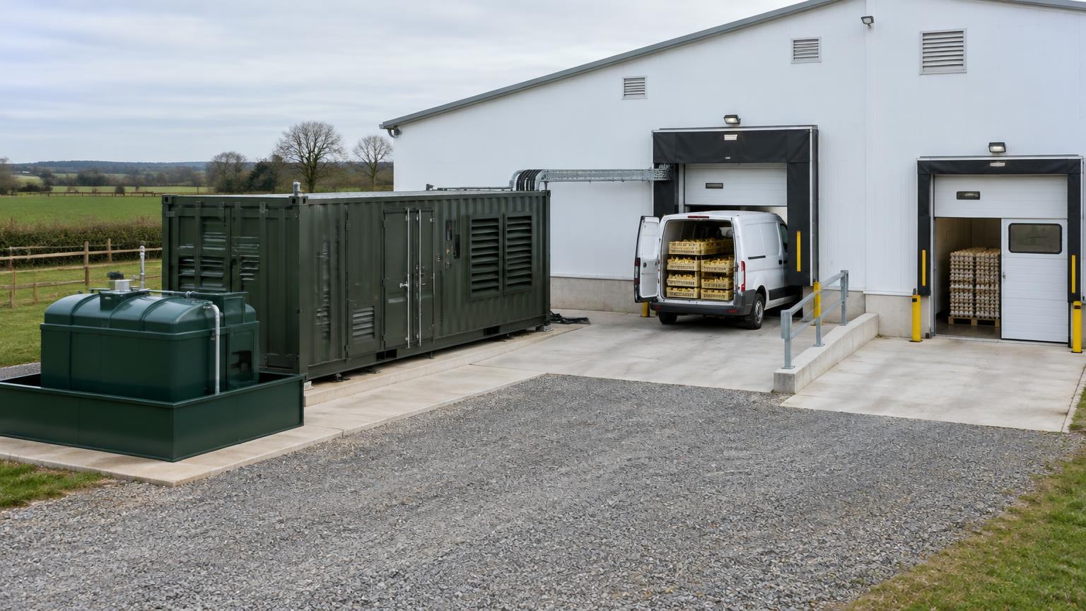 Containerised standby generator and bunded fuel tank beside a hatchery chick-dispatch dock
