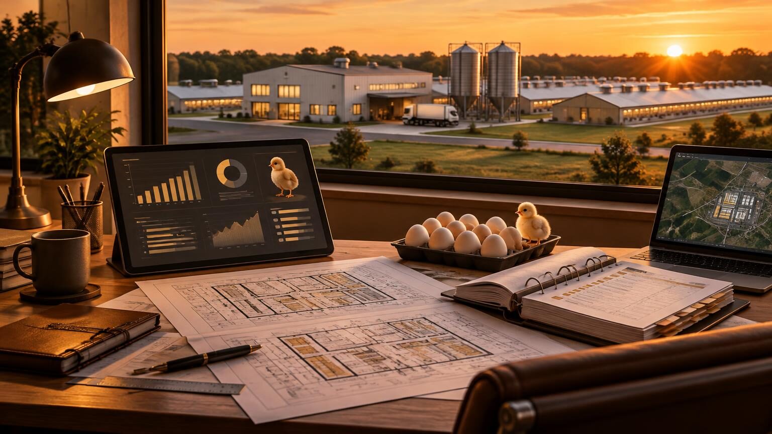 Scrivania di progettazione con planimetrie di incubatoio, tablet con grafici, raccoglitori di checklist e uova da cova davanti a un moderno allevamento avicolo al tramonto; illustrazione generata con IA
