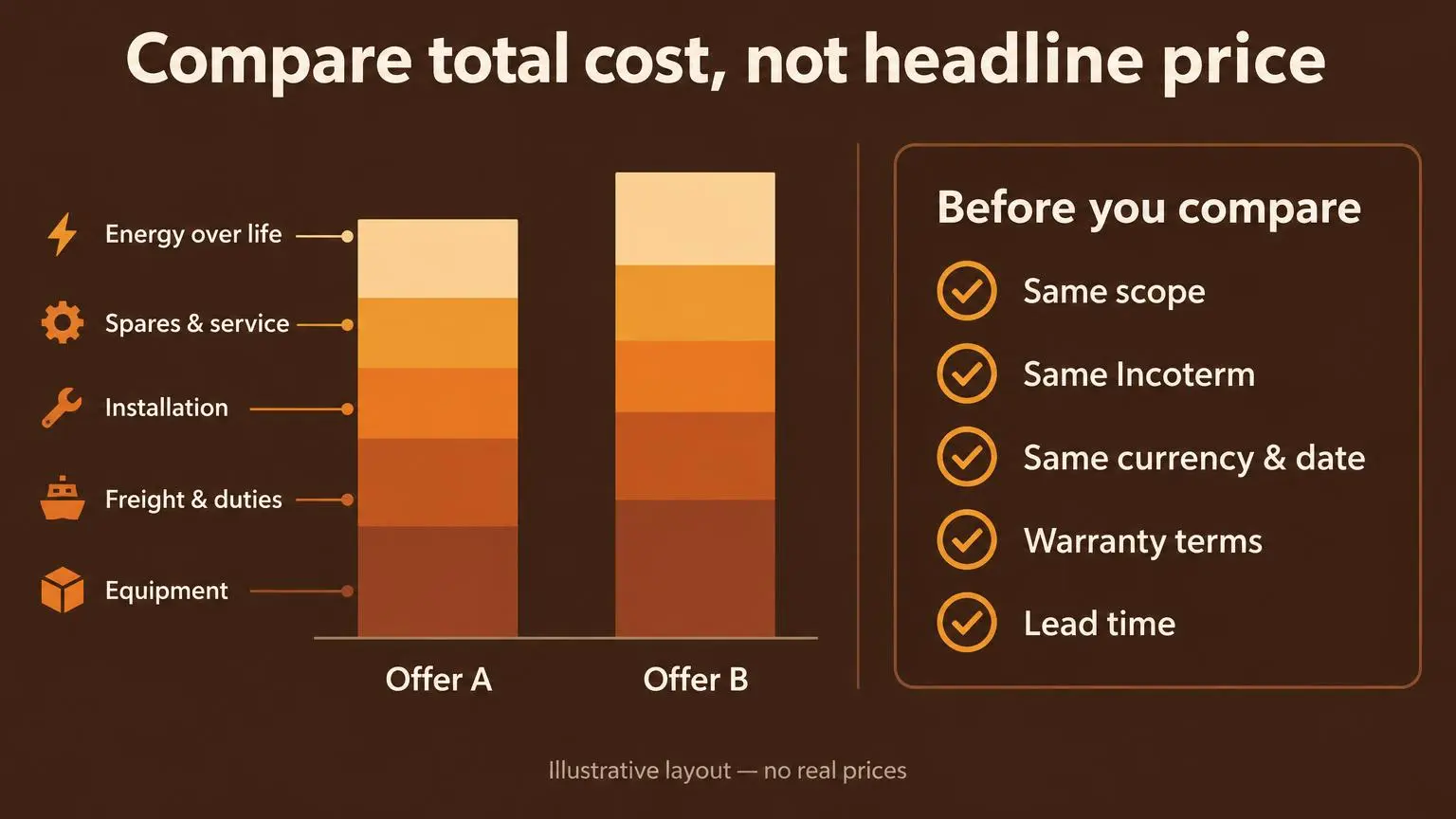 Infographic comparing two offers as stacked bars of equipment, freight and duties, installation, spares and service, and energy, beside a checklist for same scope, Incoterm, currency and date, warranty and lead time
