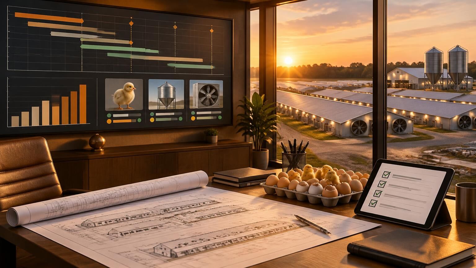 Planning room with a wall display of a project timeline, budget chart and supplier cards, hatchery blueprints and a tray of hatching eggs, overlooking tunnel-ventilated poultry houses at sunrise; AI-generated illustration