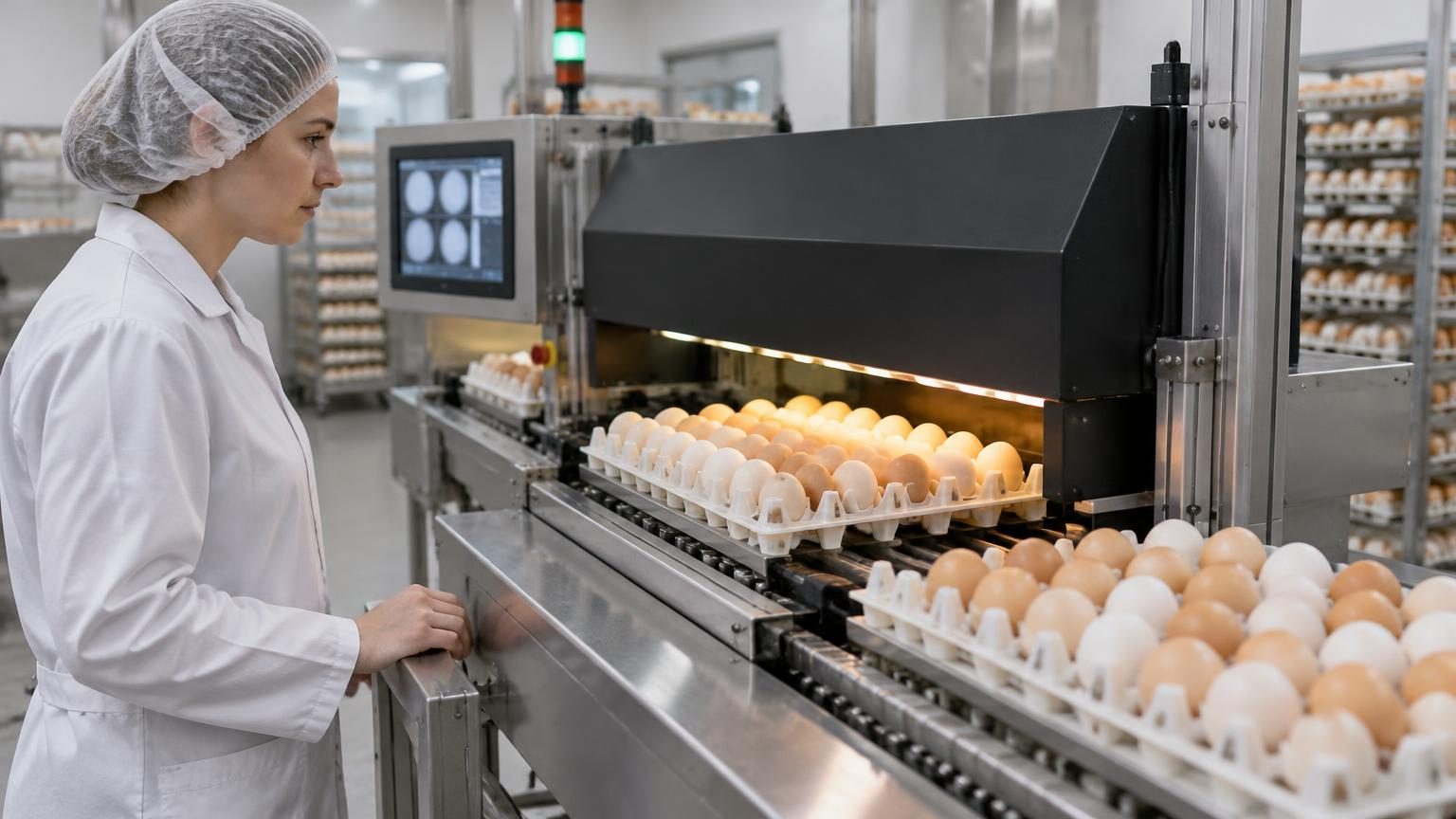 Hatchery technician watching trays of white and brown hatching eggs pass through an automated inspection station under a dark light hood