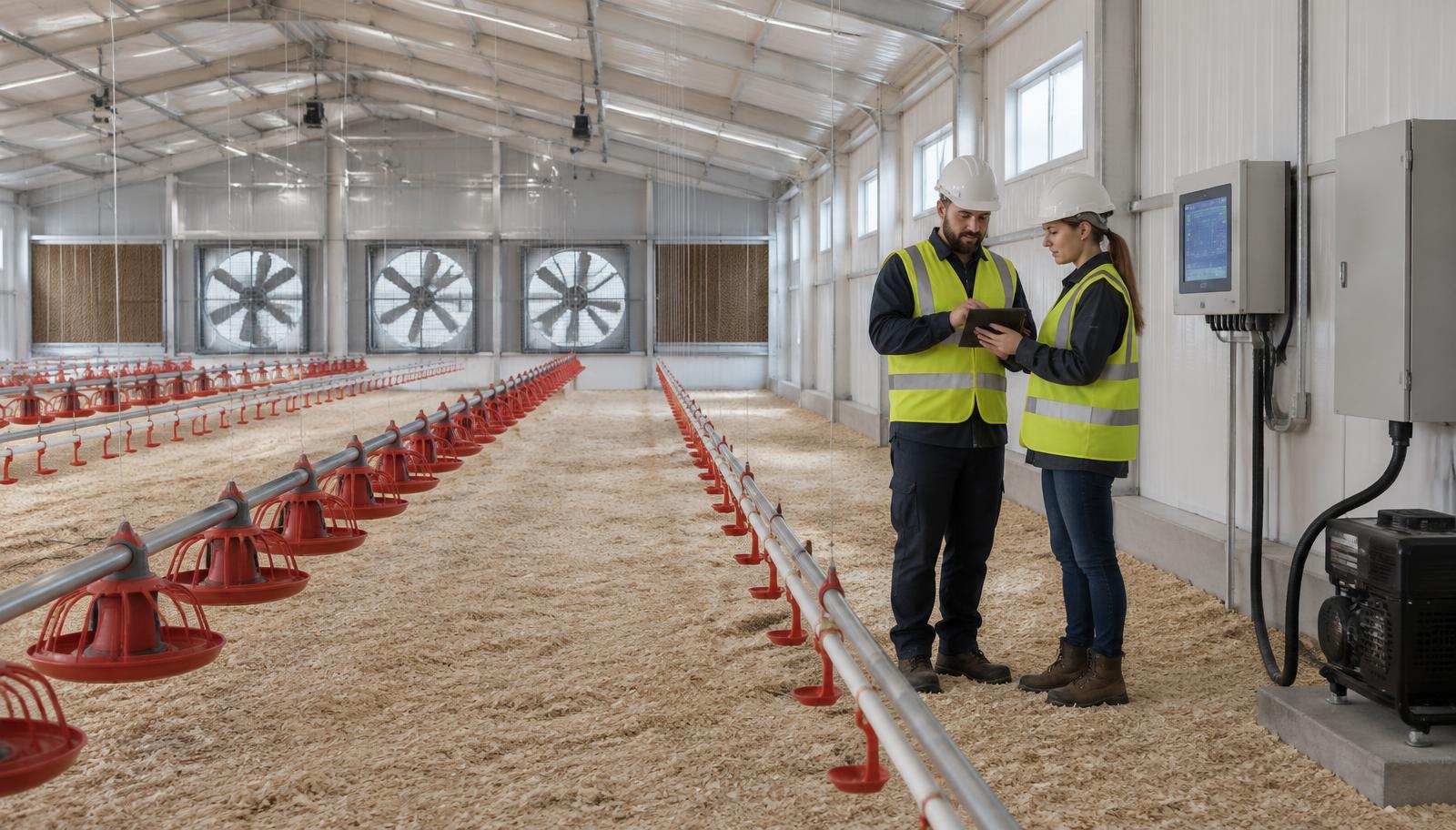 Two engineers reviewing a commissioning checklist on a tablet inside a new poultry house with feeder and drinker lines, tunnel fans, cooling pads, controller panel and backup generator