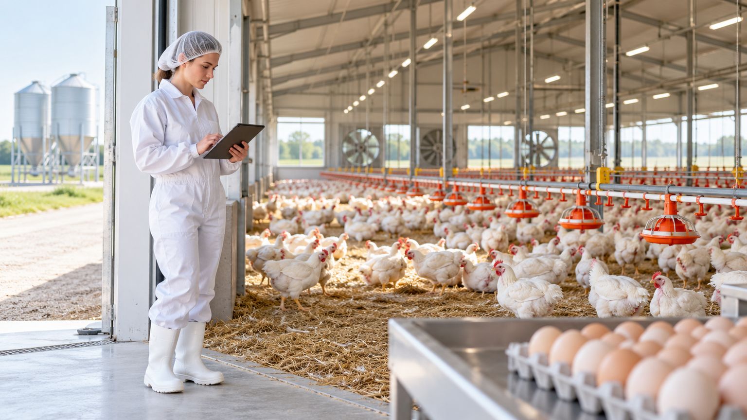 Hygiene-suited technician with a tablet inside a modern broiler house with feeding lines, beside a tray of brown eggs