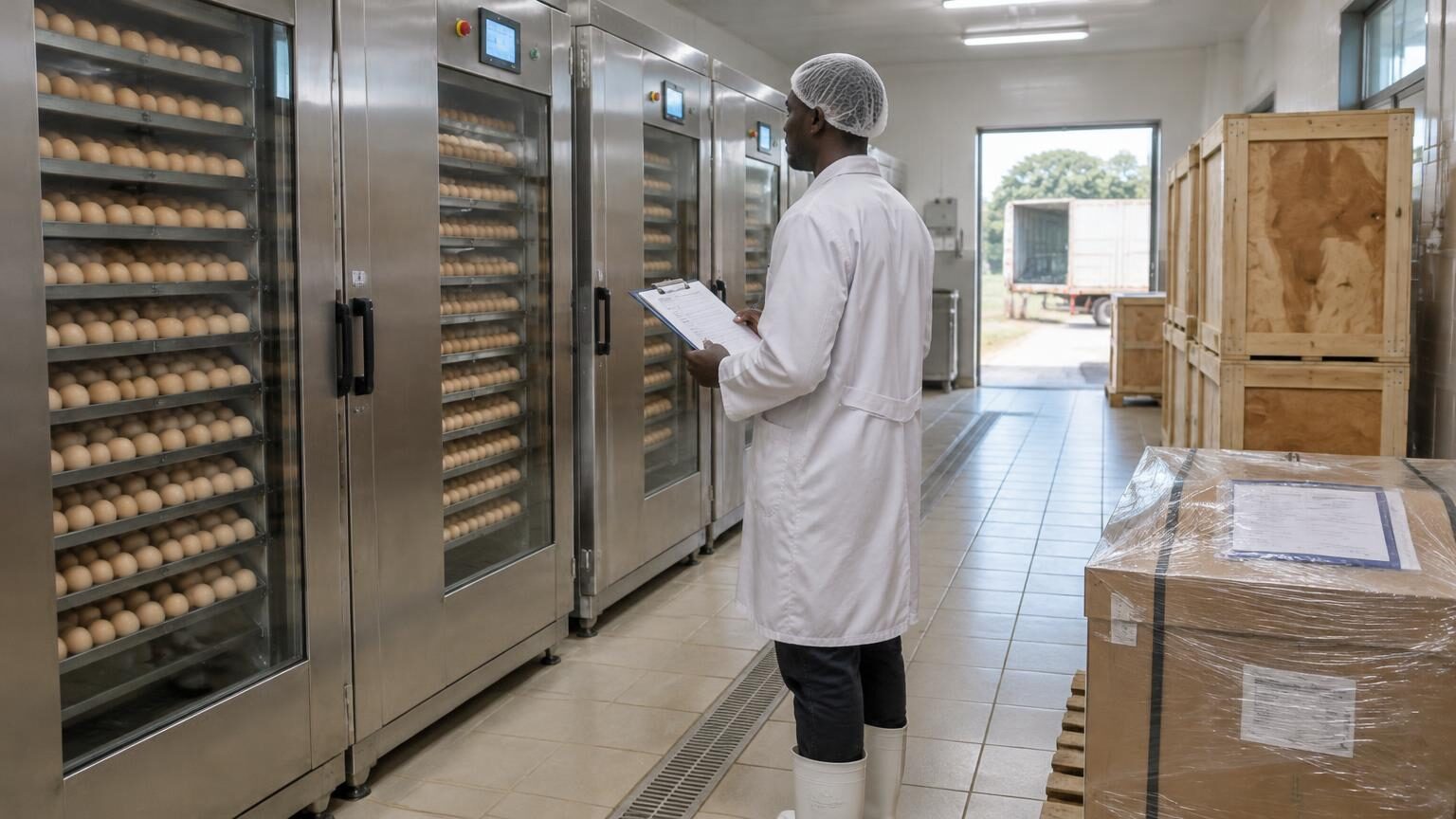 Hatchery technician in a white coat and hairnet checking a row of stainless-steel setter cabinets with a clipboard, with crated equipment and a wrapped pallet near the open loading door