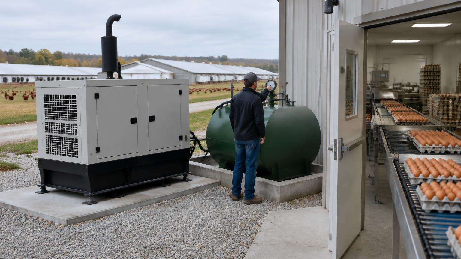 Generator set and fuel tank beside an egg packing room with trays of eggs on the grading conveyor