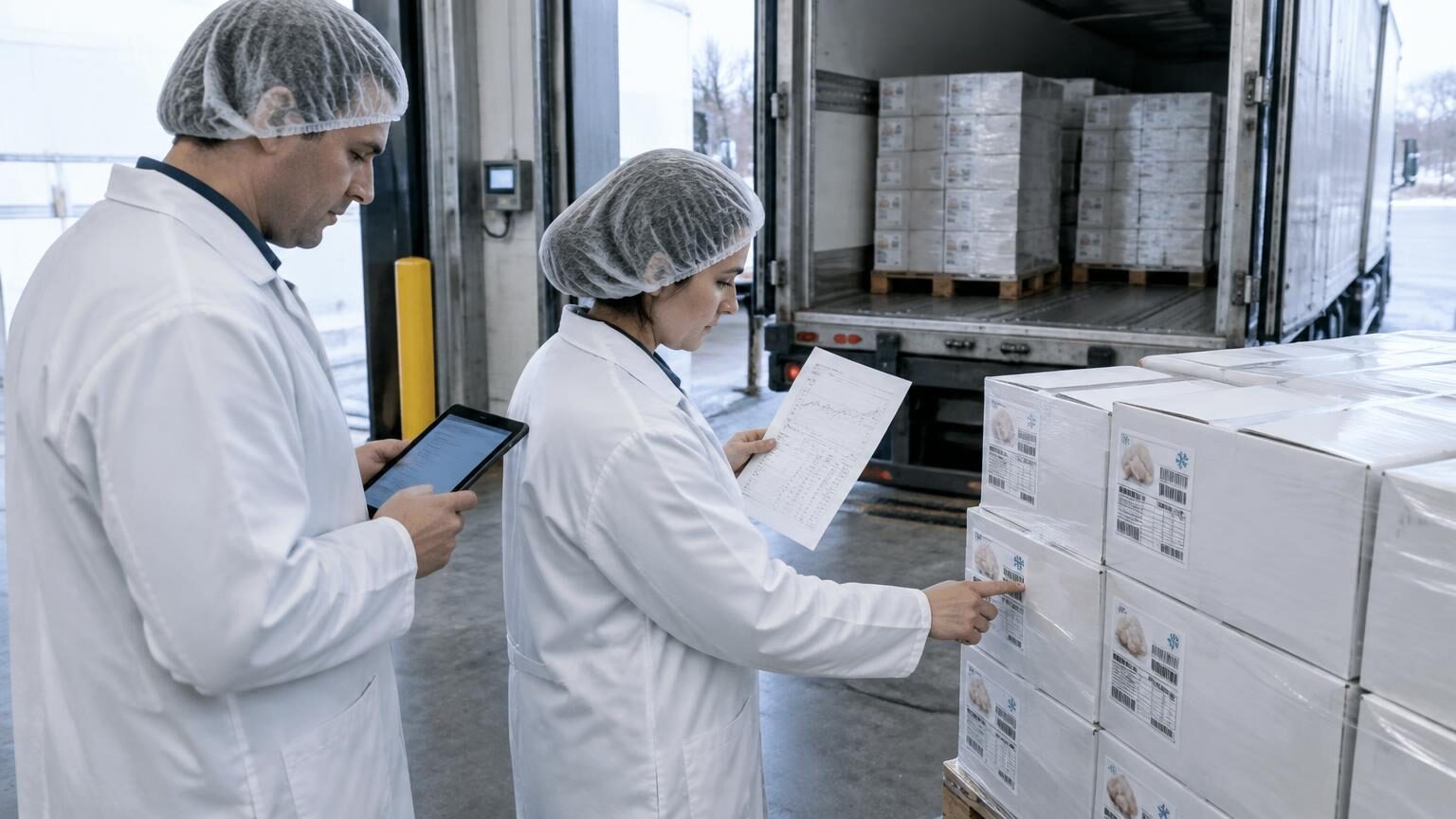 Two quality staff in white coats check printed lot labels on cartons of frozen chicken and a temperature-logger printout beside a refrigerated truck at a loading dock