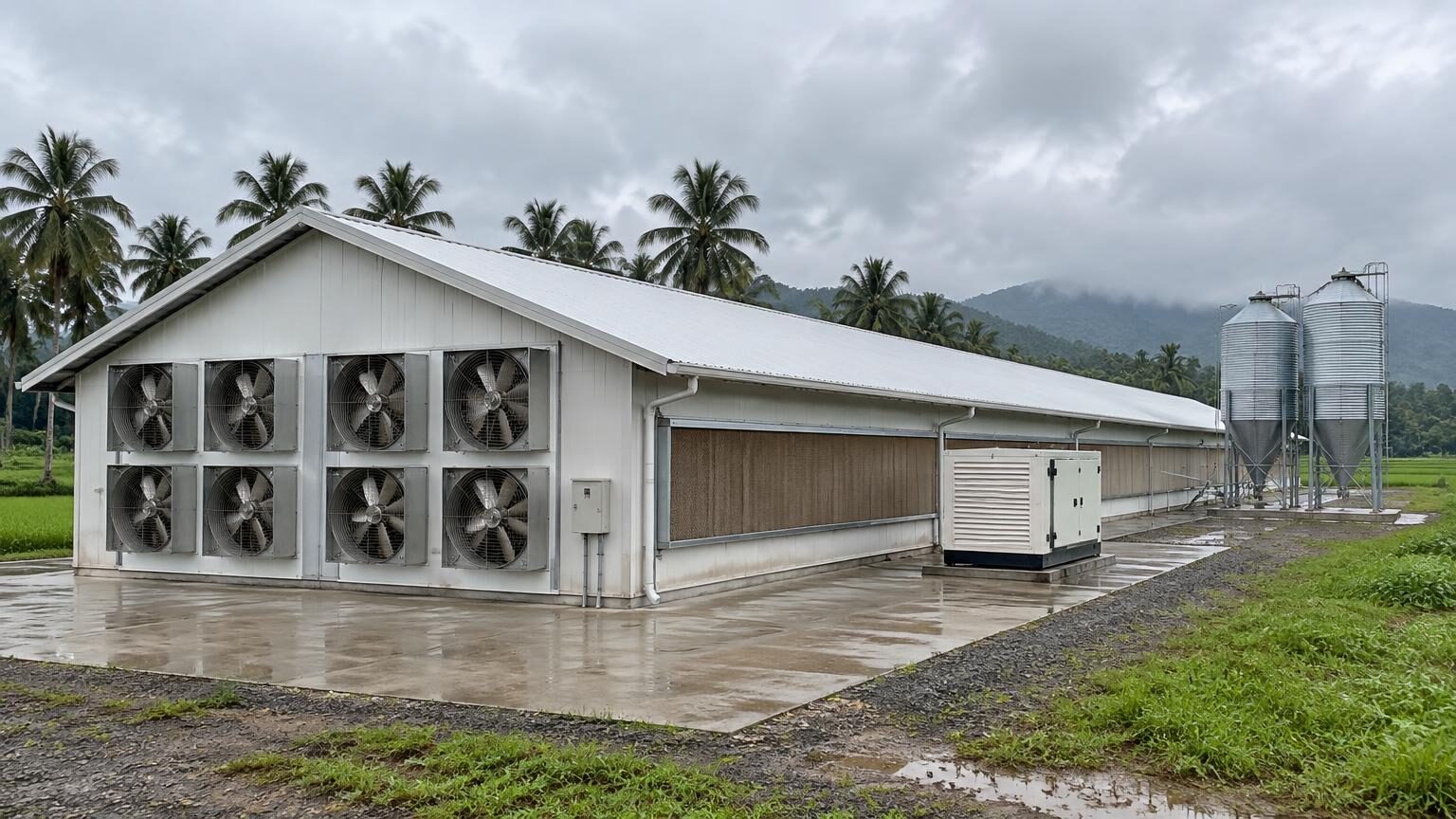 Long white tunnel-ventilated broiler house in the Philippine countryside with gable exhaust fans, side cooling pads, a standby generator and two feed silos, palm trees behind