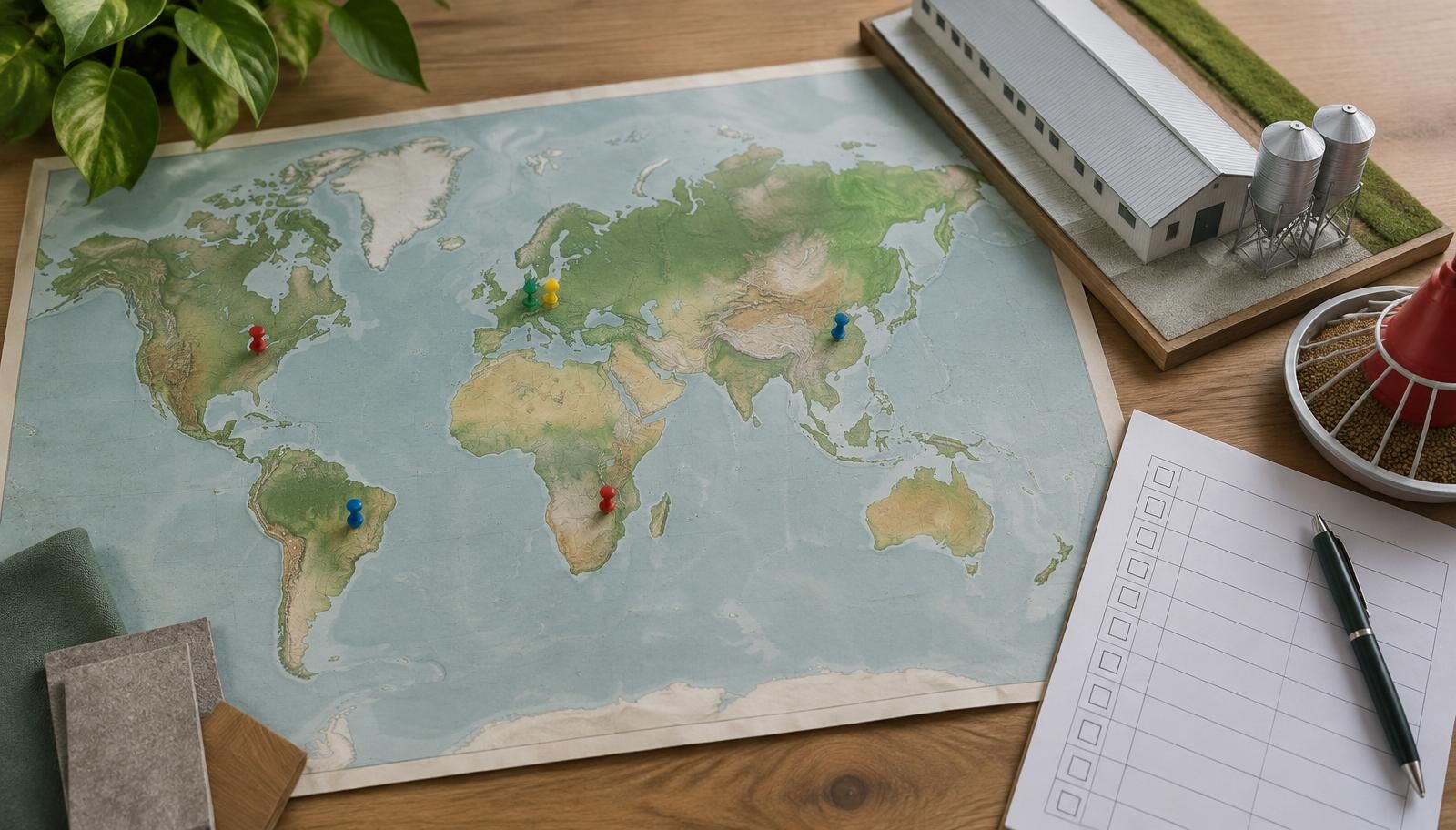 Planning table with an unlabelled relief world map marked with coloured pins, a scale model of a poultry house with feed silos, a feeder pan and a blank checklist