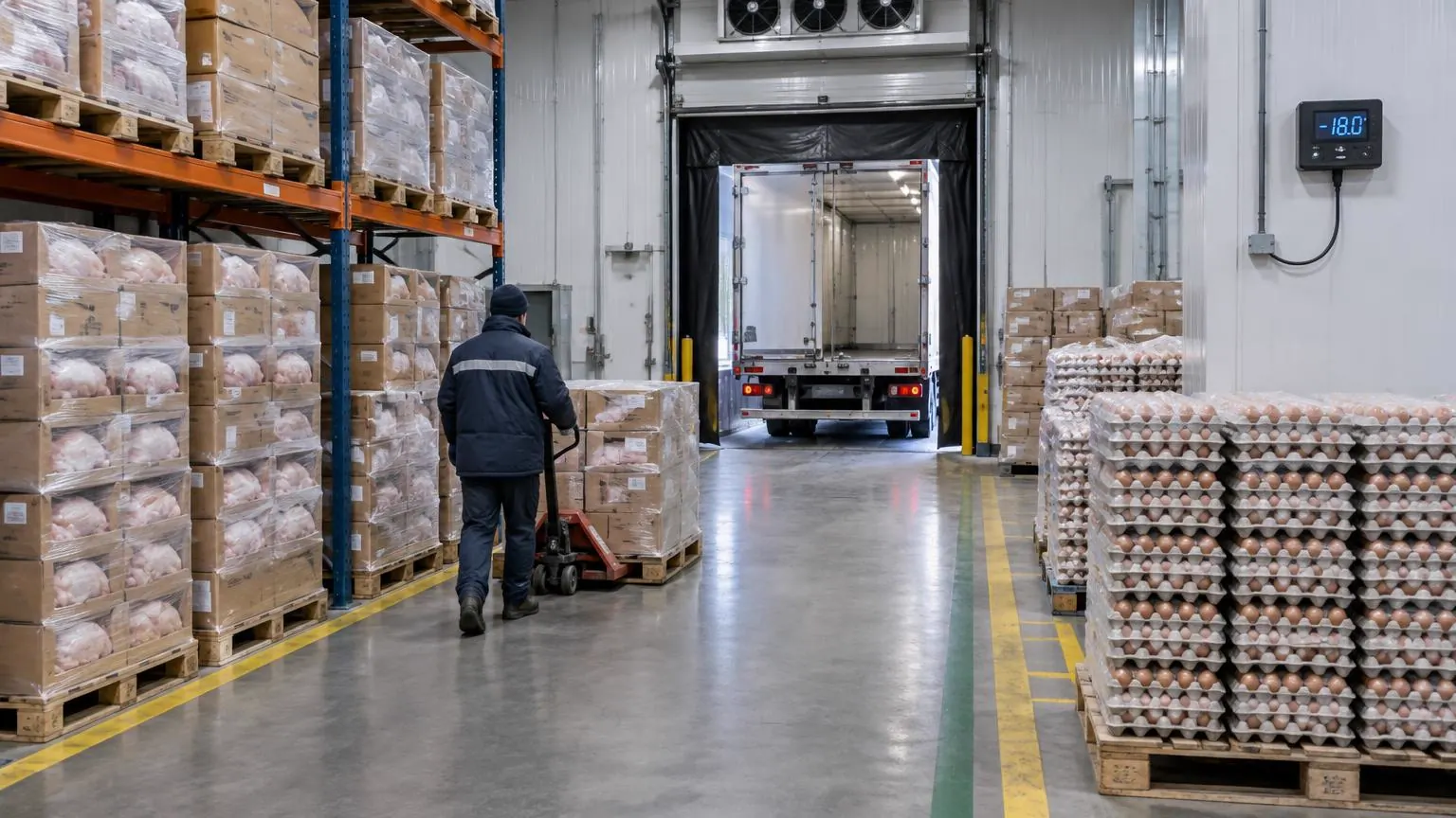 Almacén frigorífico con palés etiquetados de carne de ave en cajas y envases de huevos en zonas separadas, y un registrador de temperatura en la pared
