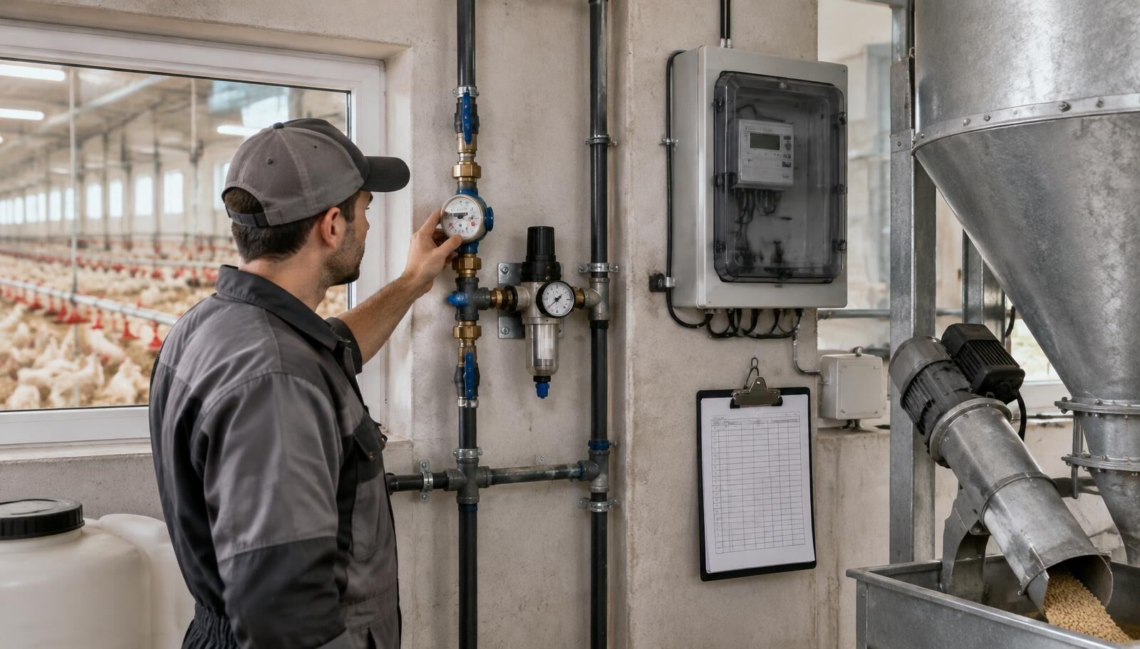 Technician reading a water meter on a pipe manifold in a poultry-house service room, next to an electricity meter cabinet, a blank record sheet and a feed auger, with drinker lines visible through the window