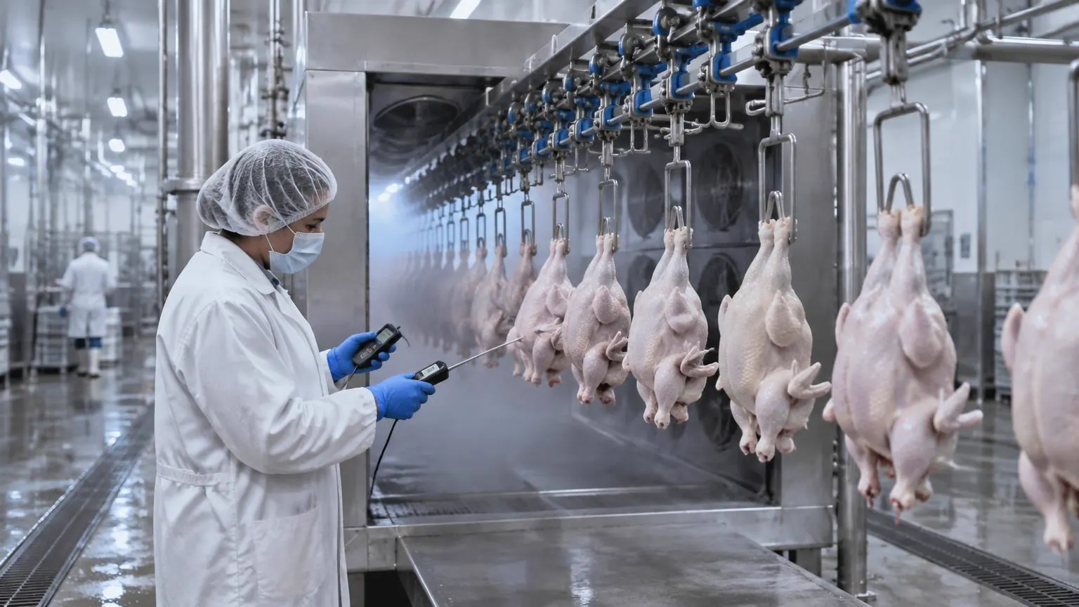 Linha de processamento de aves em aço inoxidável transportando carcaças resfriadas até uma câmara fria, com um técnico conferindo um termômetro de espeto