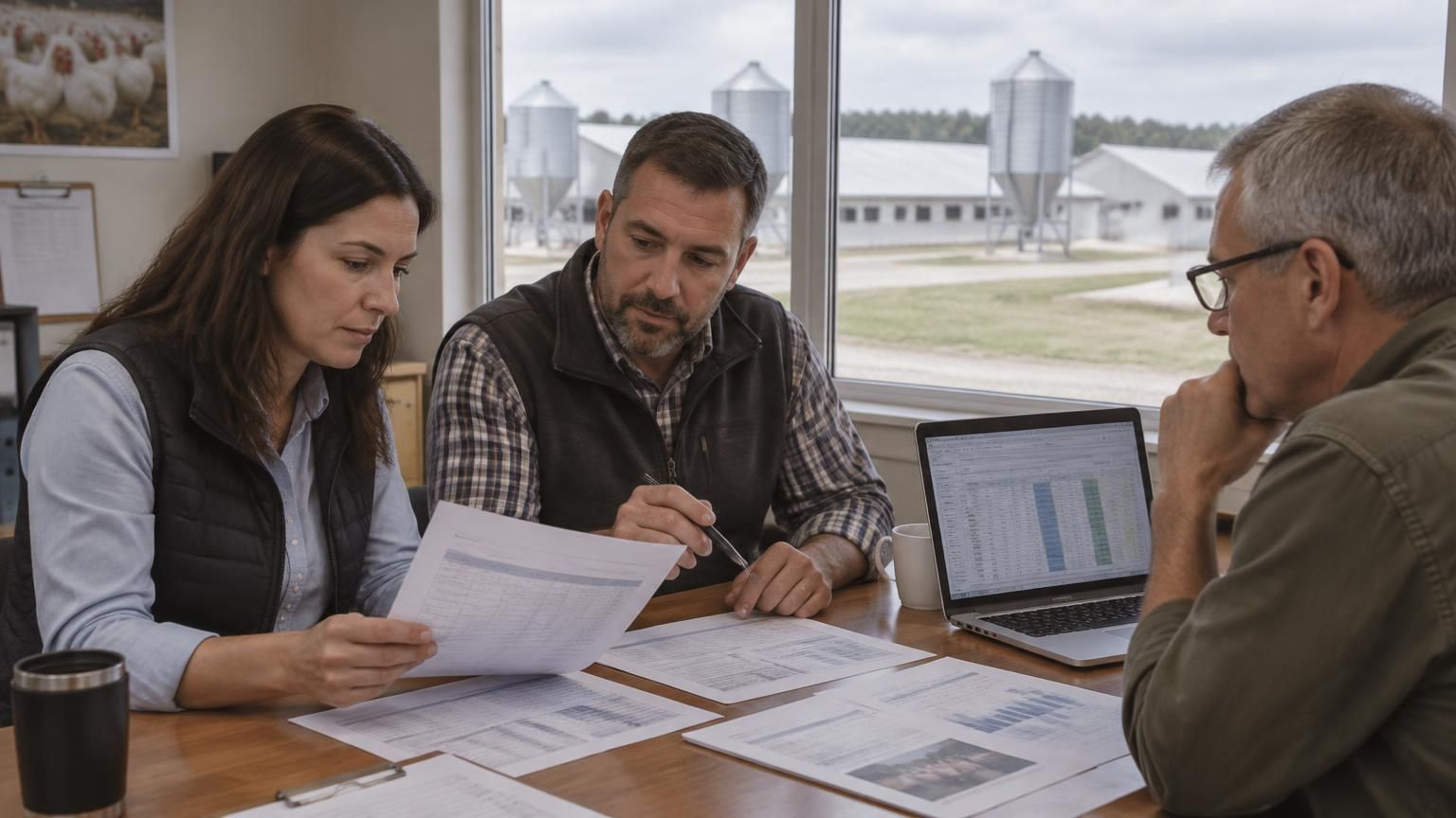 Procurement team at a site-office table comparing printed supplier proposals and a laptop spreadsheet, with commercial poultry houses and feed silos visible through the window