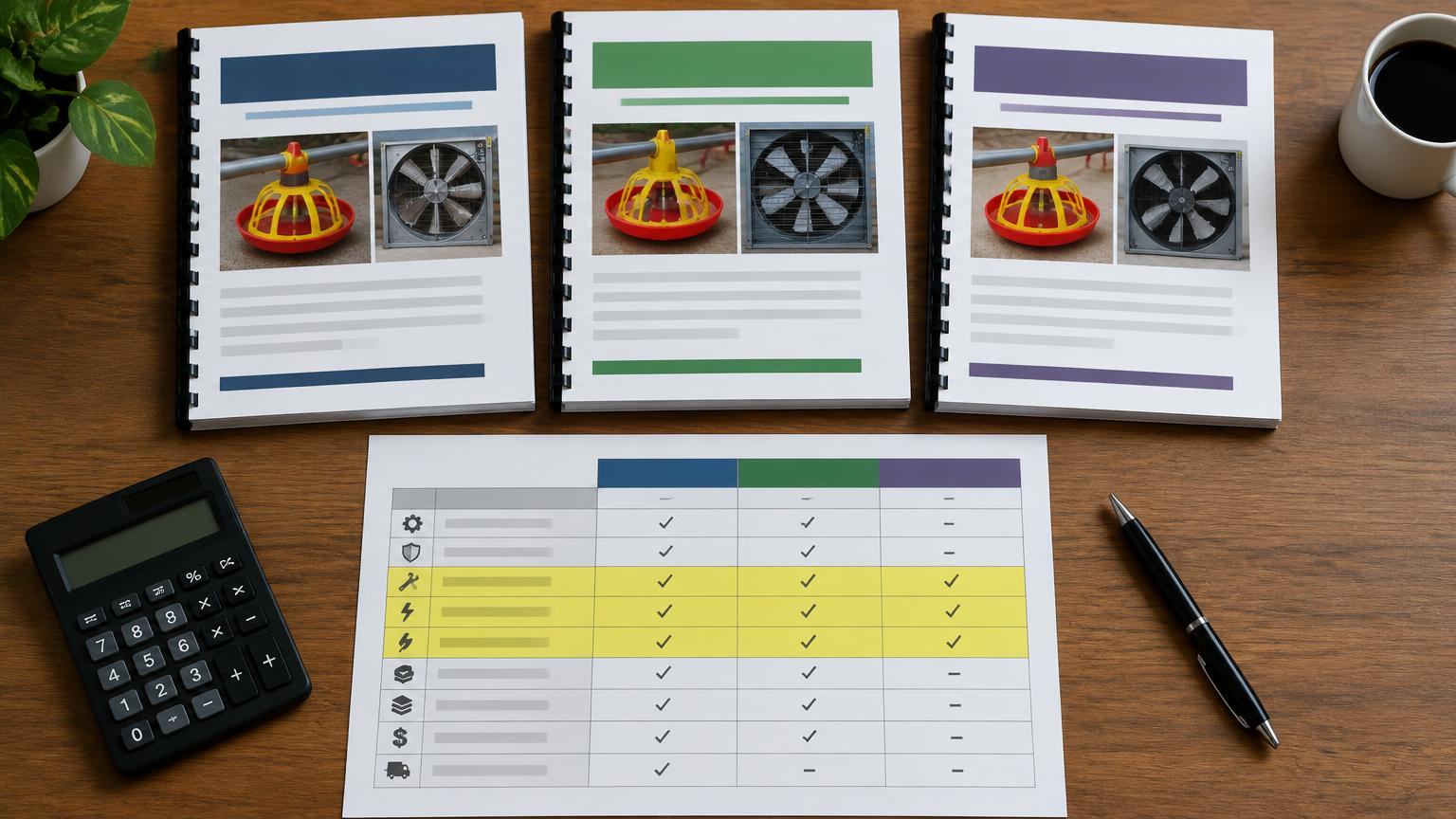 Three poultry equipment proposals side by side with a highlighted scope comparison matrix