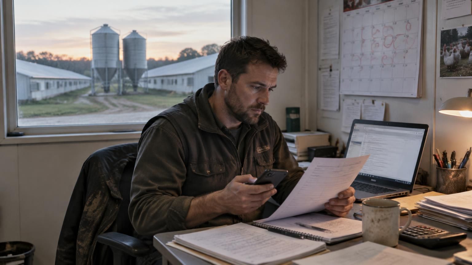 Farm manager alone at a site-office desk reading a printed supplier quotation with a phone in hand, broiler houses and two feed silos visible through the window at dusk