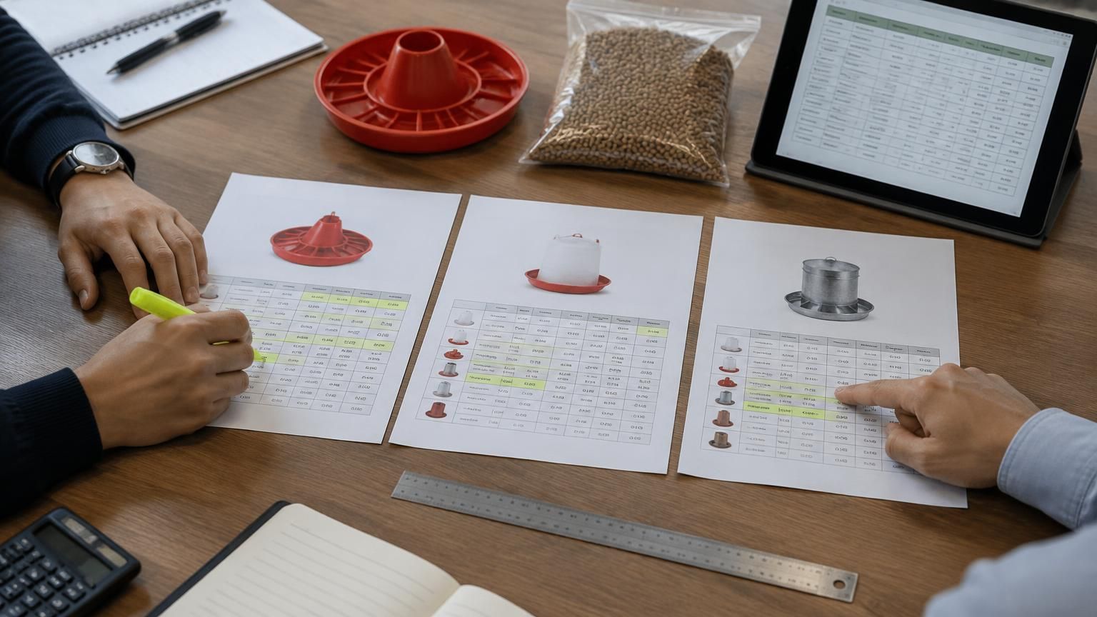 Two people comparing three printed supplier quotation sheets side by side with a highlighter, next to a poultry feeder pan, a sample bag of pelleted feed and a tablet showing a spreadsheet