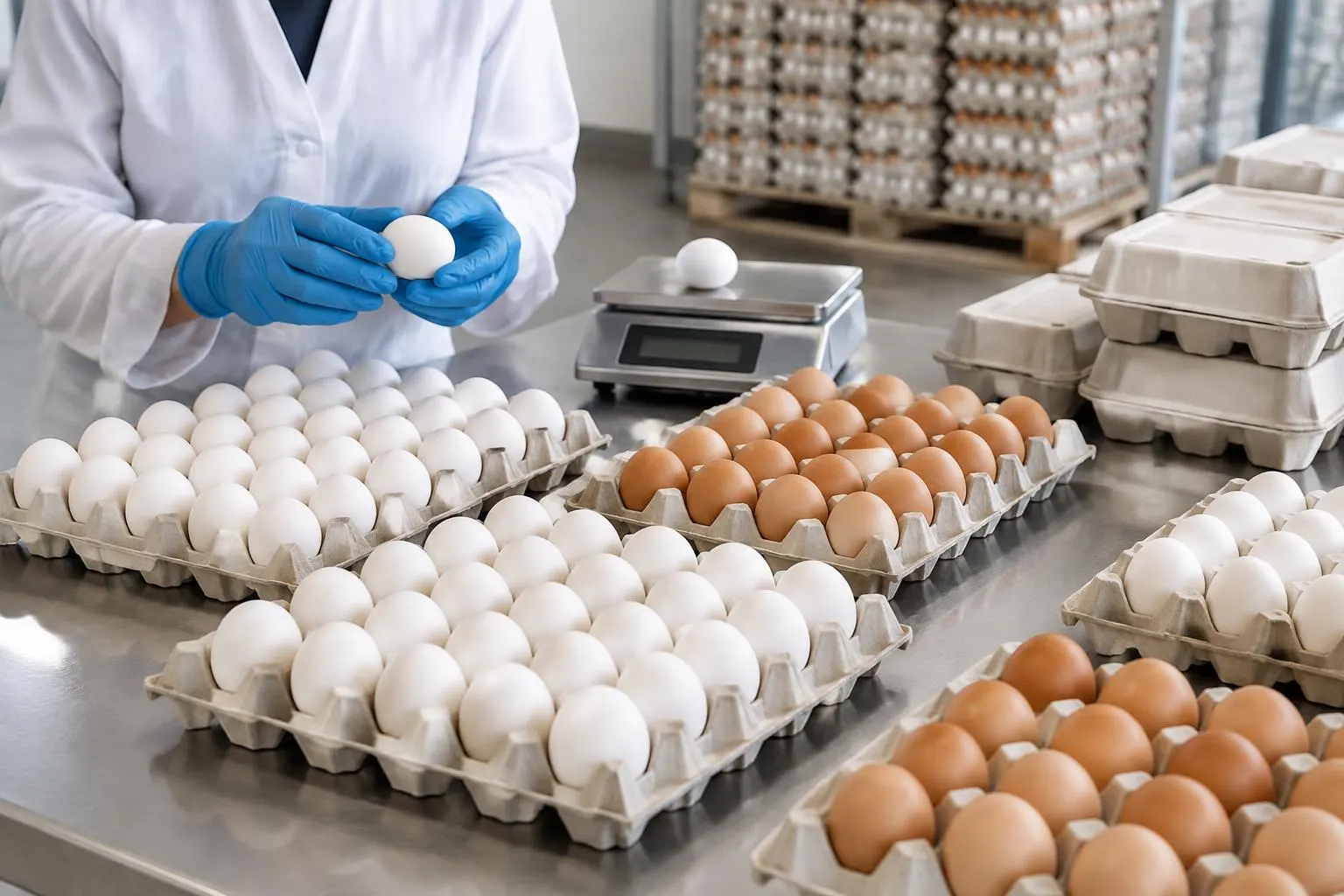 Gloved worker checking intact white and brown table eggs beside a bench scale, molded trays and plain cartons