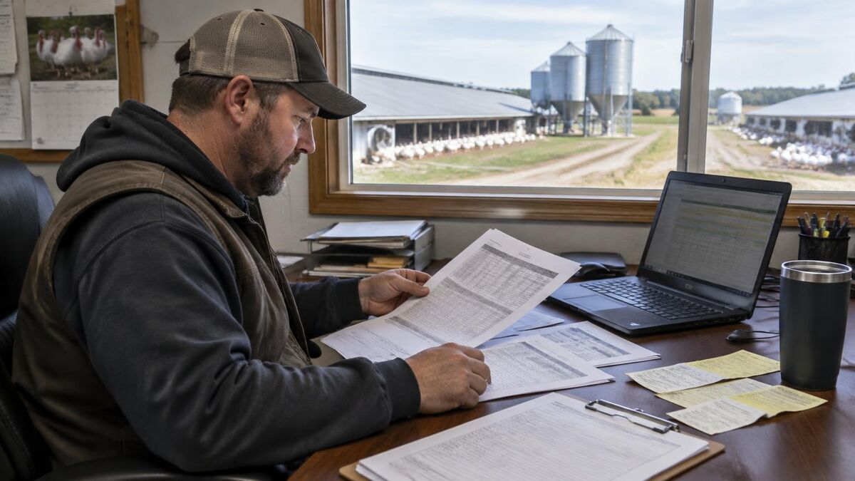 Turkey farm manager reviewing flock records and feed tickets at an office desk with turkey houses and feed silos outside the window; AI-generated illustration