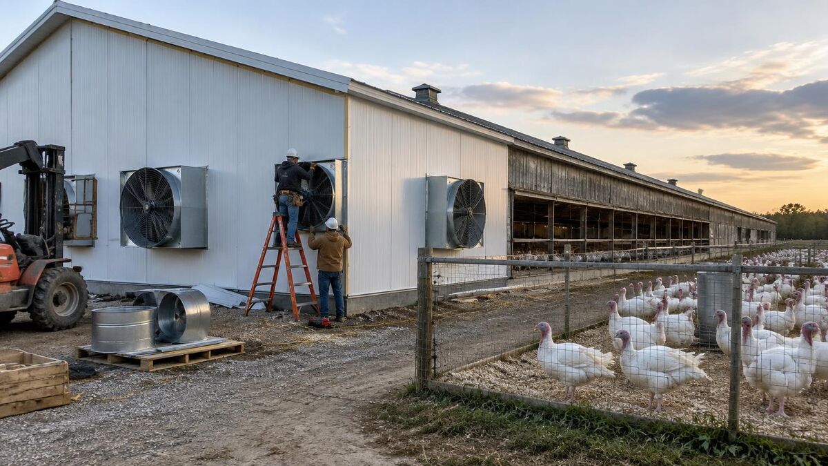 Workers installing new tunnel fans and insulated wall panels on a commercial turkey house while white turkeys stand in a fenced yard; AI-generated illustration