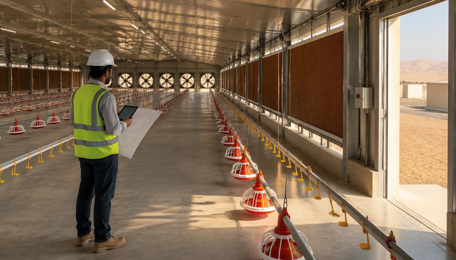 Engineer in a hard hat and hi-vis vest checking layout drawings and a tablet inside an empty tunnel-ventilated broiler house in the UAE desert, with evaporative cooling pads along the wall, exhaust fans at the far end and feeder and drinker lines ready for commissioning