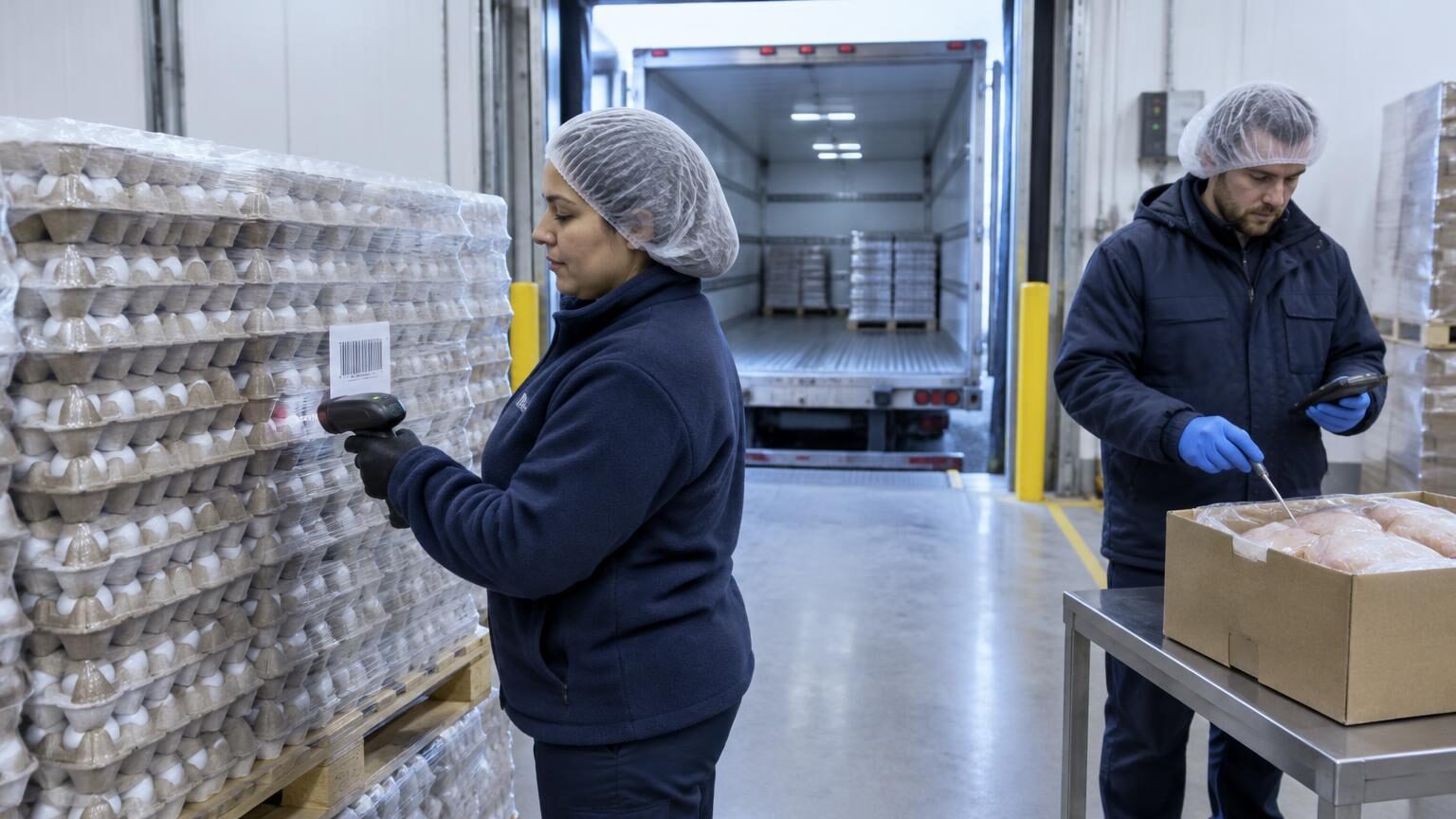 A receiving clerk scans the label on a pallet of egg cases while a colleague checks a probe thermometer in a carton of chilled chicken at a refrigerated loading dock