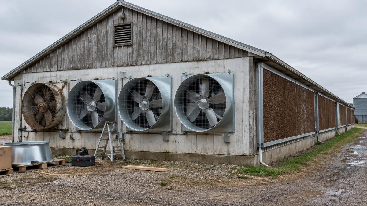 End wall of an older poultry house with three new tunnel fans installed beside a worn original fan and cooling pads along the side