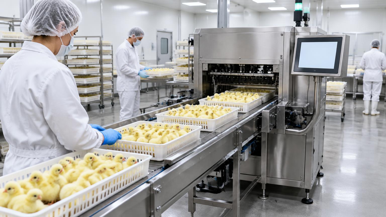 Day-old chicks in trays on a stainless steel conveyor passing an automated counting station in a hatchery processing room