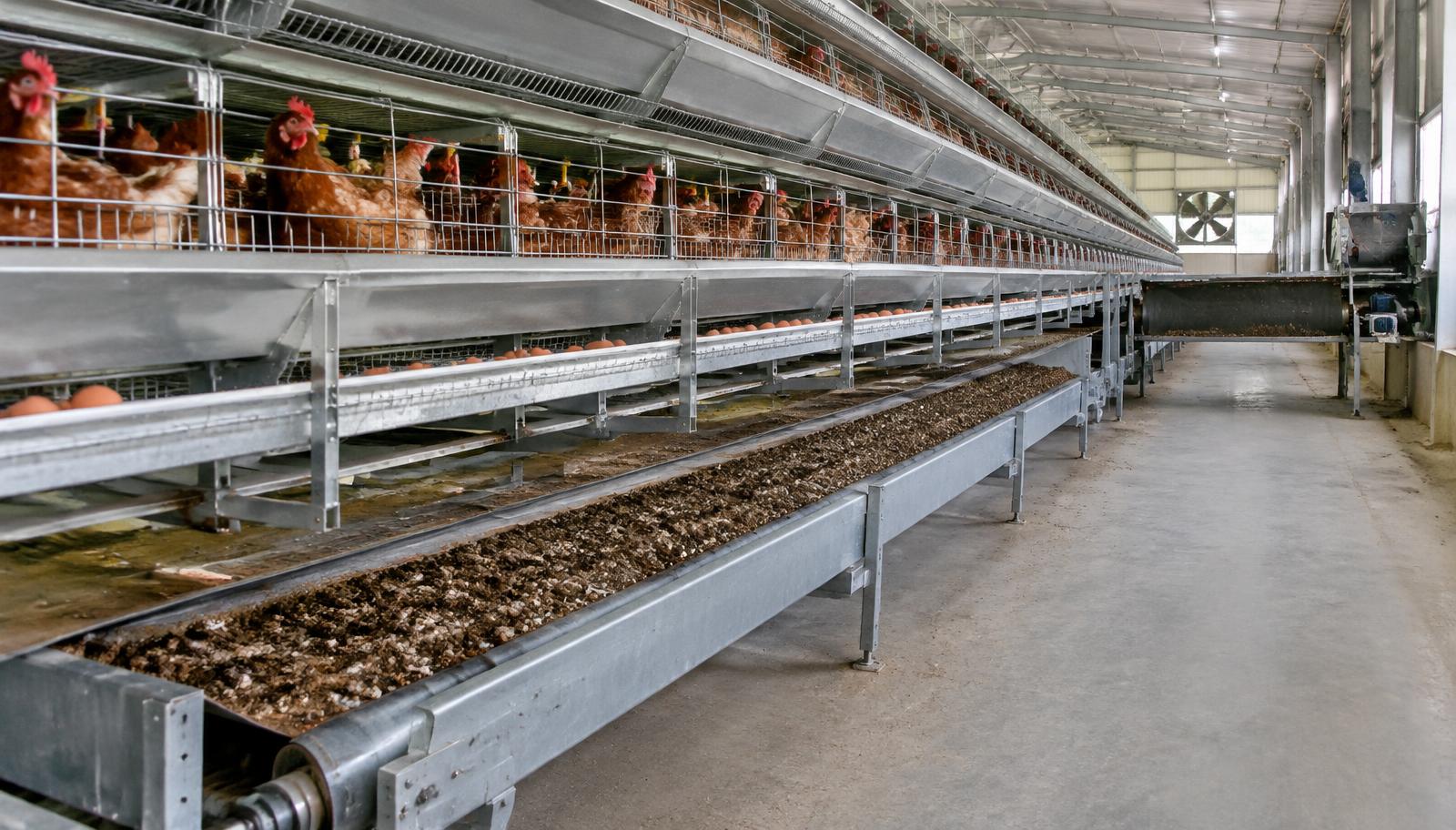 Manure belt running under colony cage tiers in a layer house, carrying manure to a cross conveyor