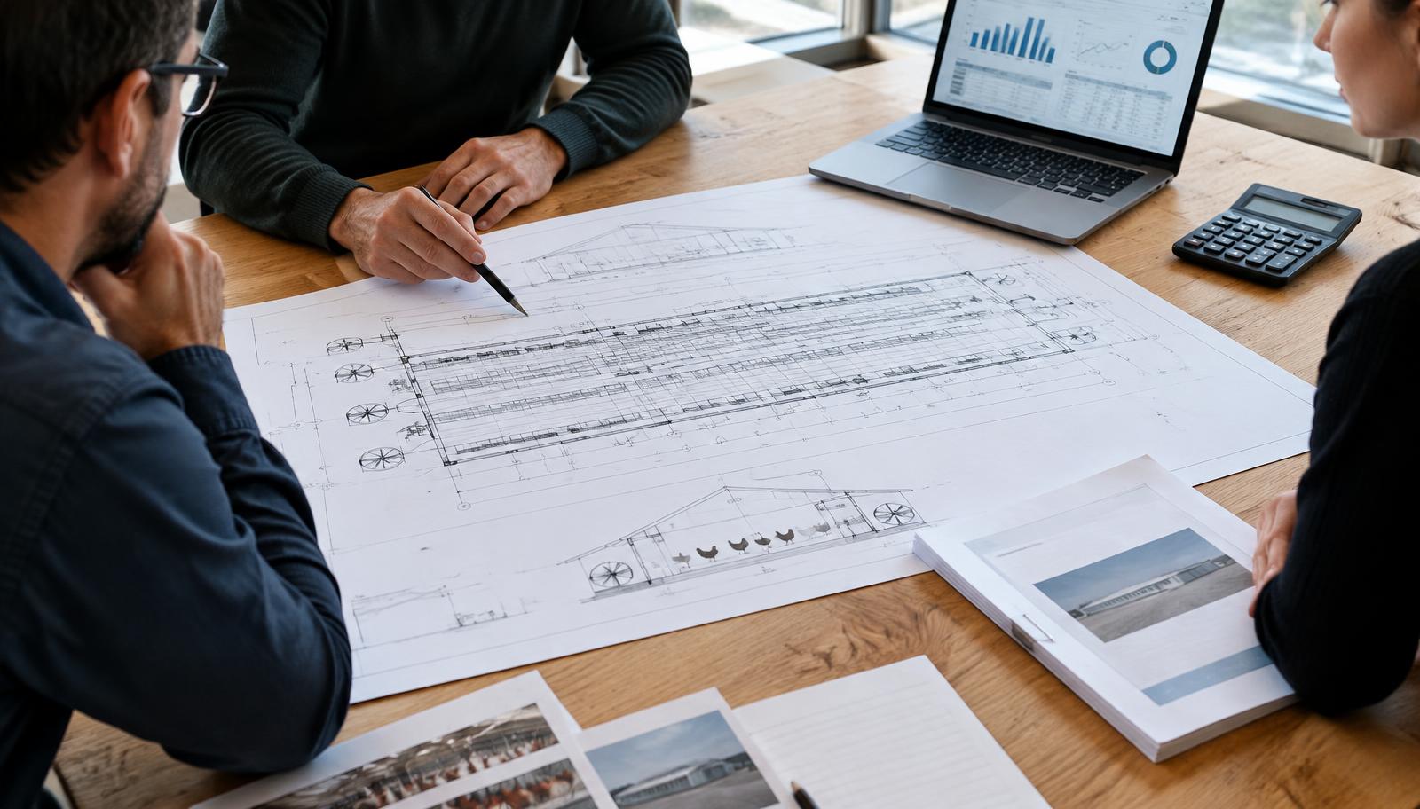 Project team reviewing layer house drawings and a written specification