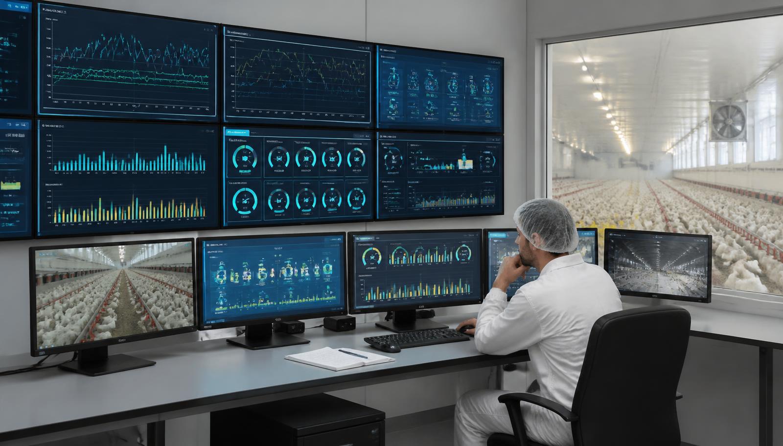 Poultry farm control room with live climate, water and feed dashboards