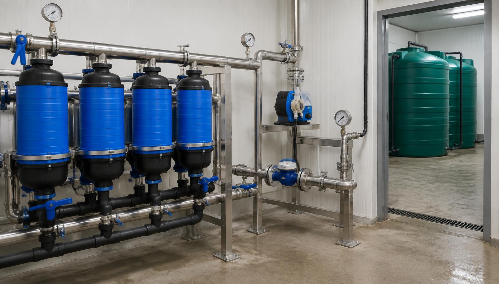 Poultry farm water treatment room with disc filters, dosing pump, water meter and storage tanks