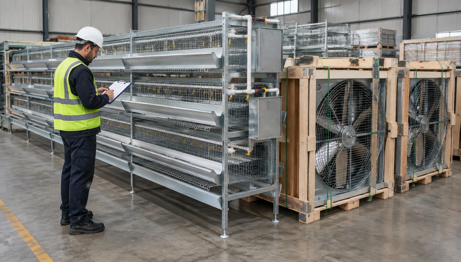 Inspector checking poultry equipment components against a specification sheet before export packing