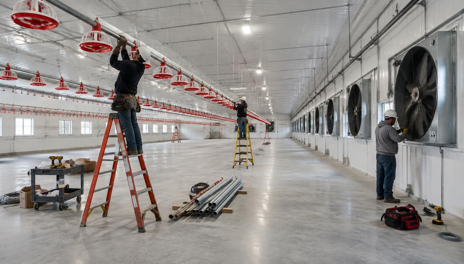 Technicians commissioning ventilation and feed equipment inside an empty poultry house before first flock placement