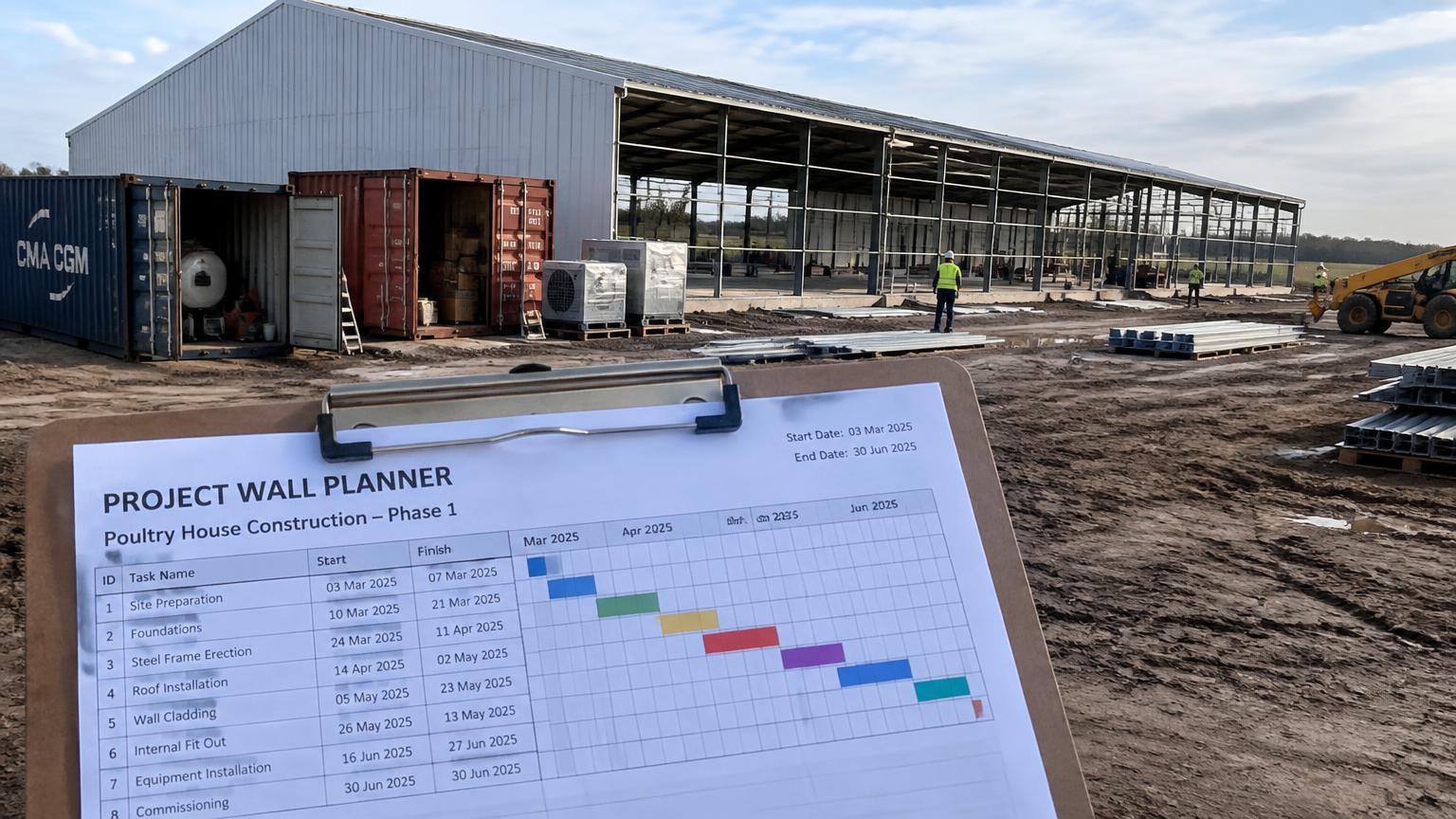 Nave avícola en construcción con contenedores de equipos y un planificador de obra (imagen ilustrativa)
