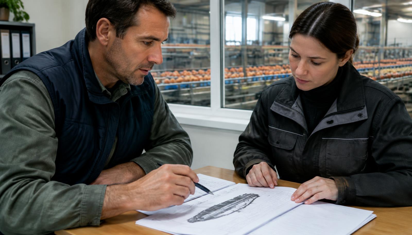 Gerente de granja e ingeniero del proveedor revisando un contrato y una lista de repuestos