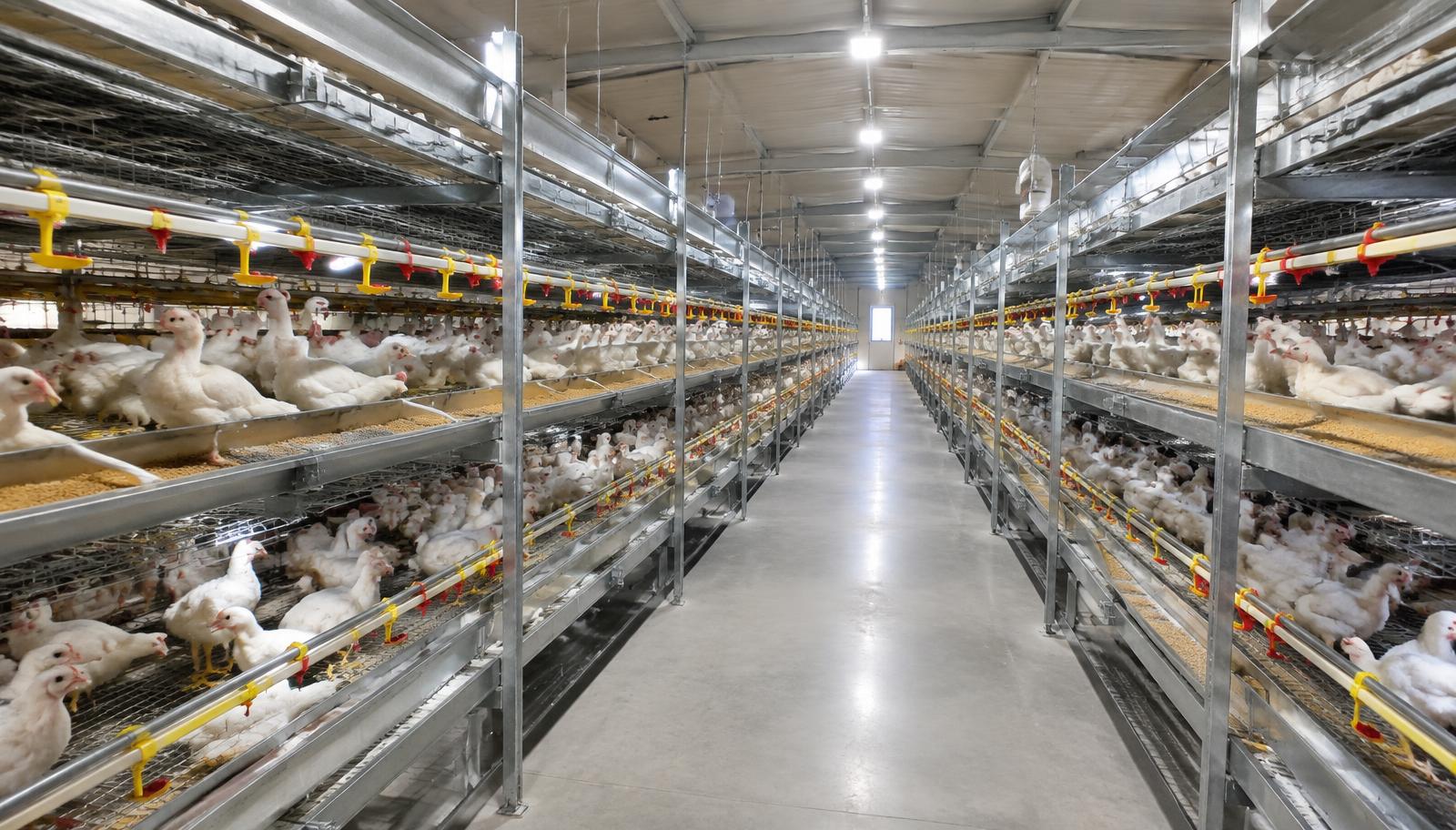Multi-tier pullet rearing system with young white pullets, feed troughs and nipple drinker lines